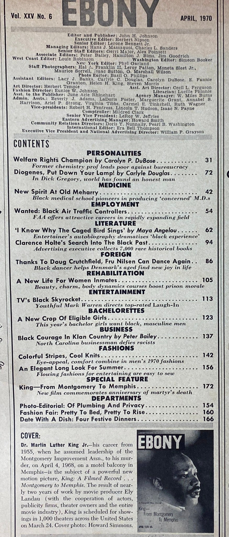 Contents page of Ebony Magazine April 1970, listing feature articles including 'Welfare Rights Champion' and 'King—From Montgomery to Memphis.' This issue celebrates Dr. King's legacy.