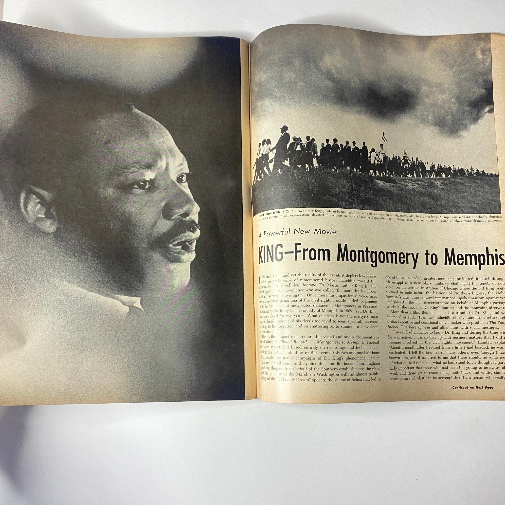 Interior spread of Ebony Magazine April 1970 highlighting the feature 'King—From Montgomery to Memphis,' including a powerful portrait of Dr. Martin Luther King Jr. and historical civil rights imagery.