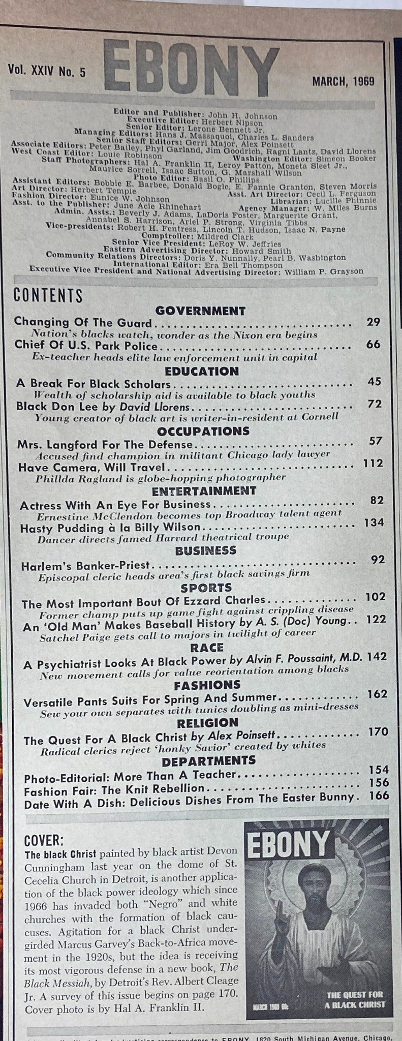 Table of contents for Ebony Magazine March 1969, Volume XXIV, No. 5, listing features such as articles on race, religion, and culture.