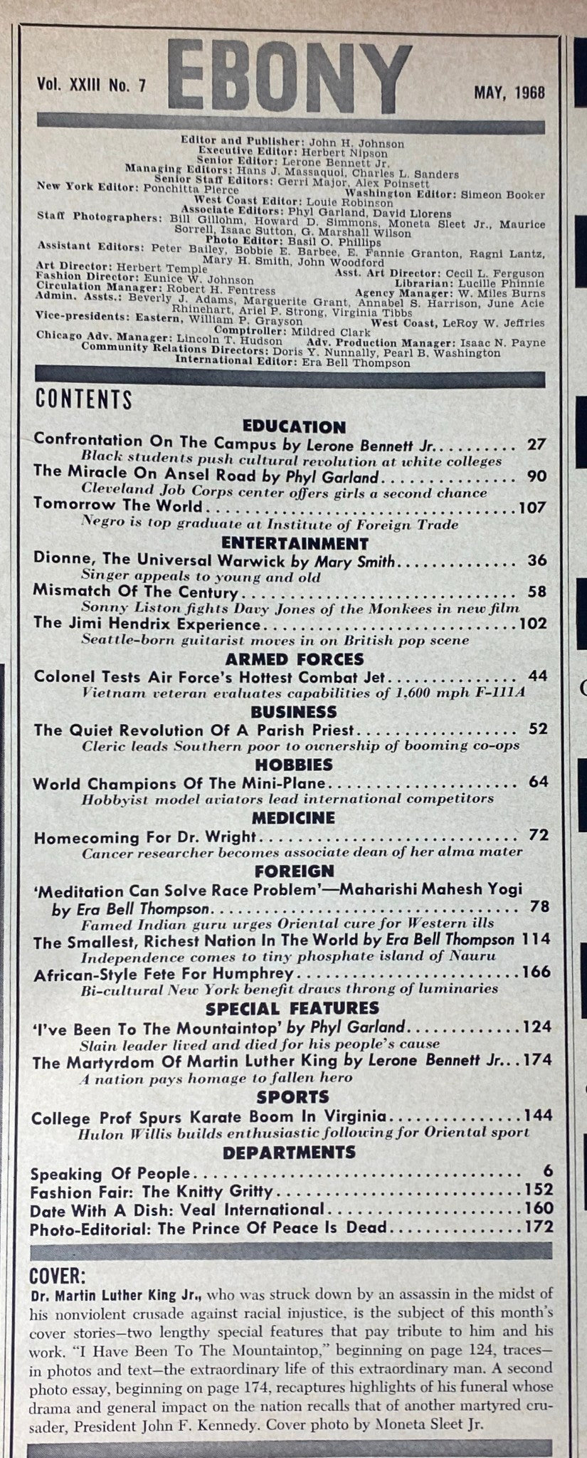 Contents page of Ebony Magazine May 1968 featuring articles including tributes to Dr. Martin Luther King Jr. and reflections on his legacy, showcasing the magazine's focus on civil rights and social issues of the time.