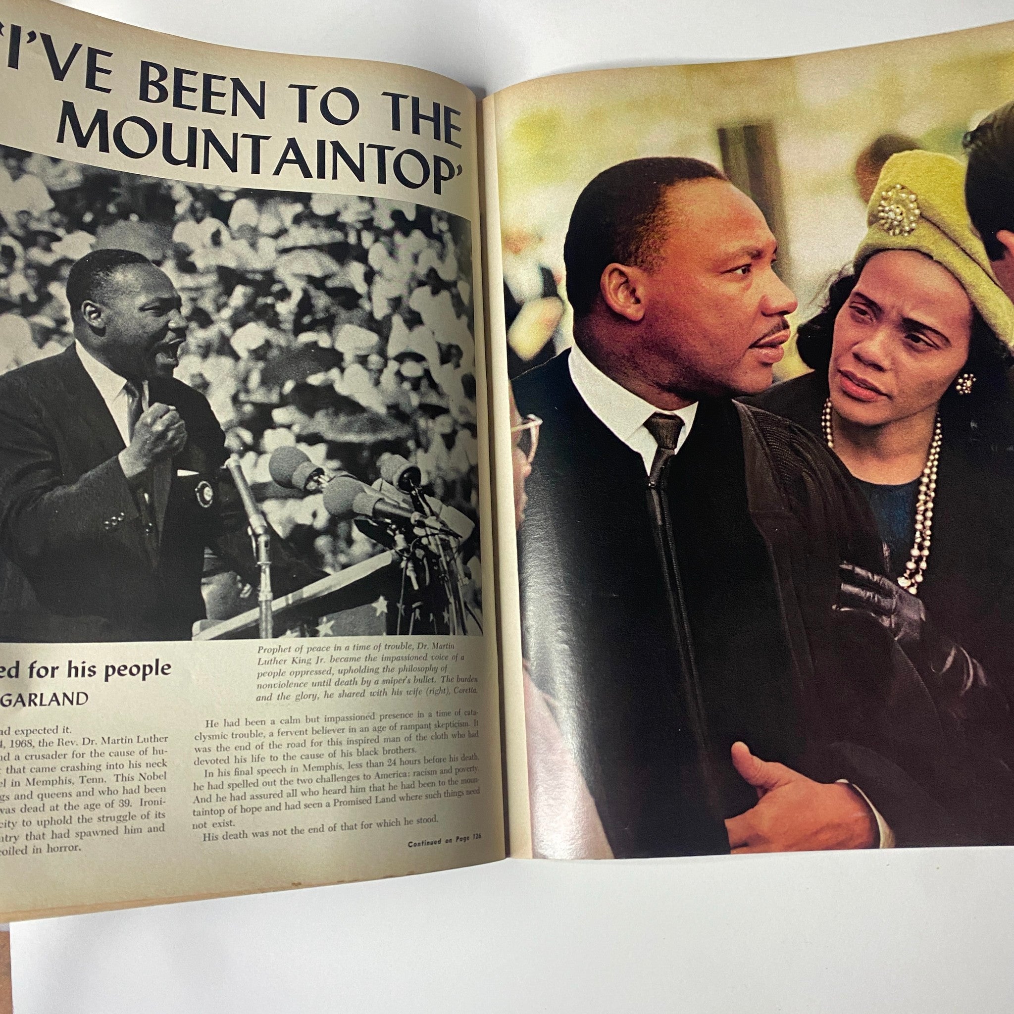 Interior photo from Ebony Magazine May 1968, featuring Dr. Martin Luther King Jr. during his 'I've Been To The Mountaintop' speech alongside Coretta Scott King, reinforcing the magazine's tribute to his enduring impact.