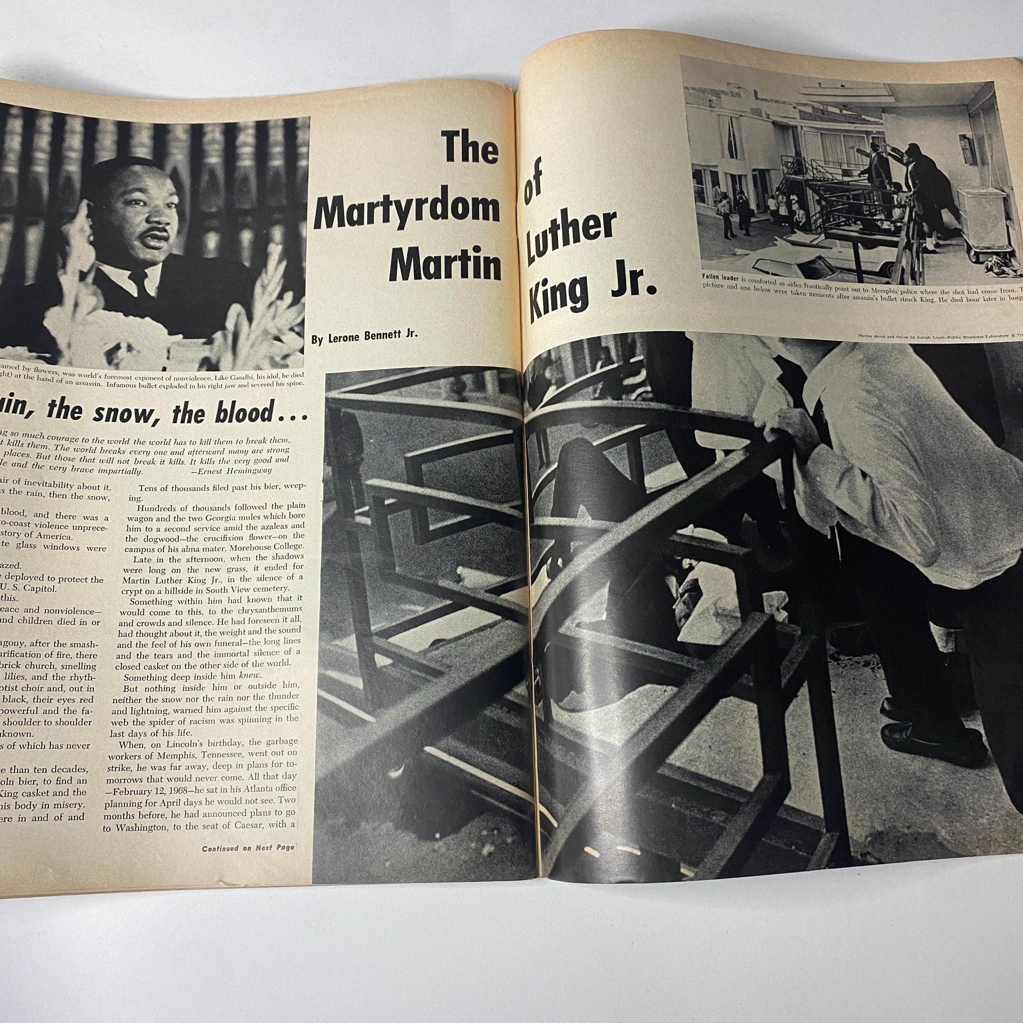 Inside page of Ebony Magazine May 1968 featuring an article titled 'The Martyrdom of Martin Luther King Jr.' by Lerone Bennett Jr. This commemorative issue pays tribute to Dr. Martin Luther King Jr. following his assassination.