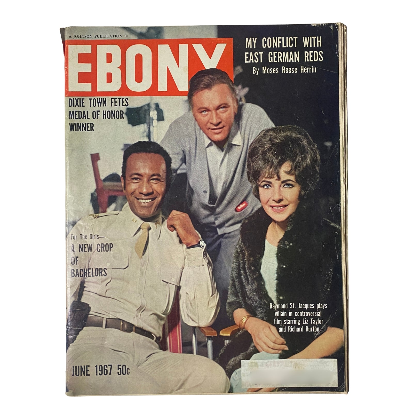 Ebony Magazine June 1967 cover featuring Richard Burton, Elizabeth Taylor, and Raymond St. Jacques, highlighting their roles in the film 'The Comedians', with articles on culture and politics.