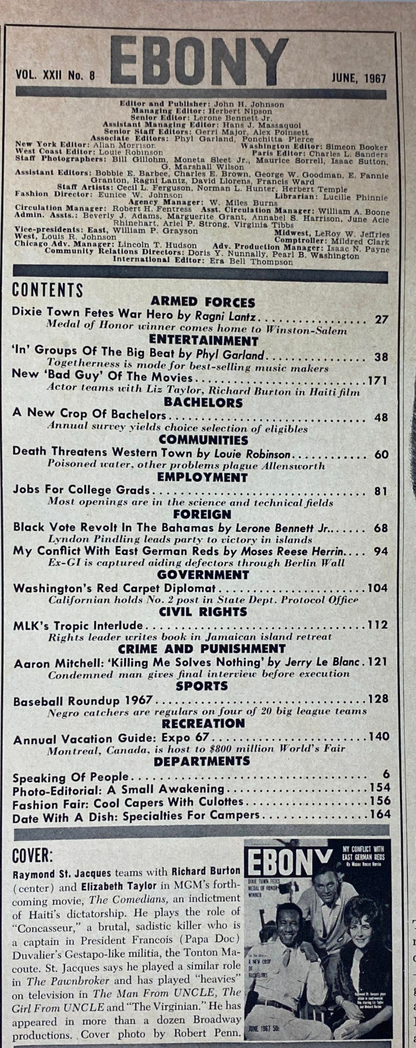 Contents page of Ebony Magazine June 1967, detailing featured articles and highlights including topics on politics, culture, and film.