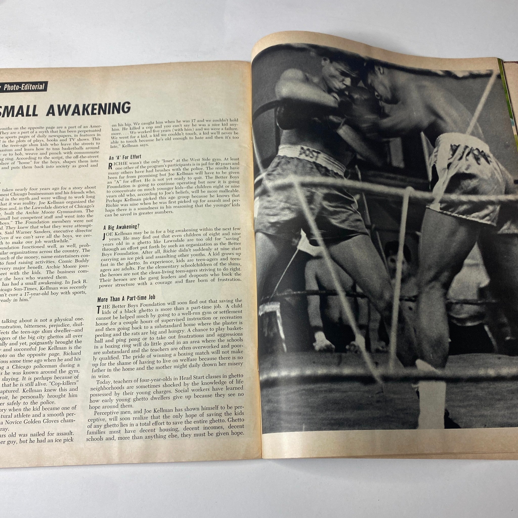 Ebony Magazine June 1967 - Photo-Editorial section titled 'A Small Awakening' showcasing a historical boxing match, highlighting important cultural moments.