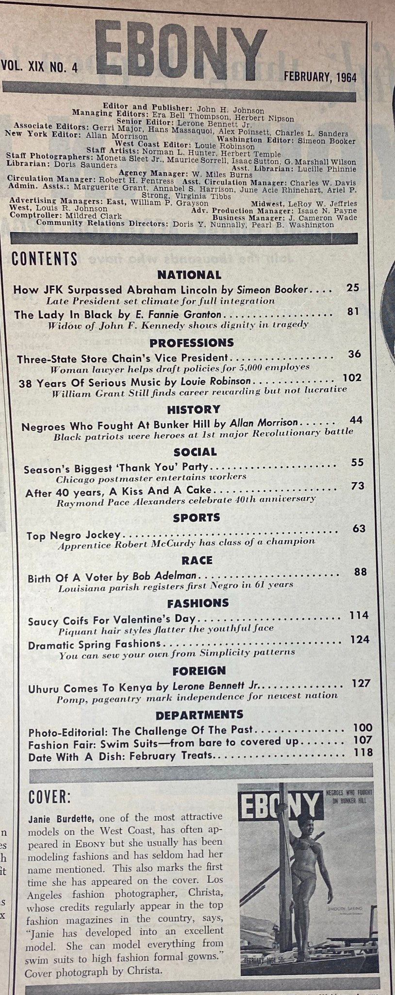 Contents page of Ebony Magazine February 1964 listing featured articles including 'Negroes Who Fought on Bunker Hill' and 'How JFK Surpassed Abraham Lincoln', emphasizing African American historical narratives.