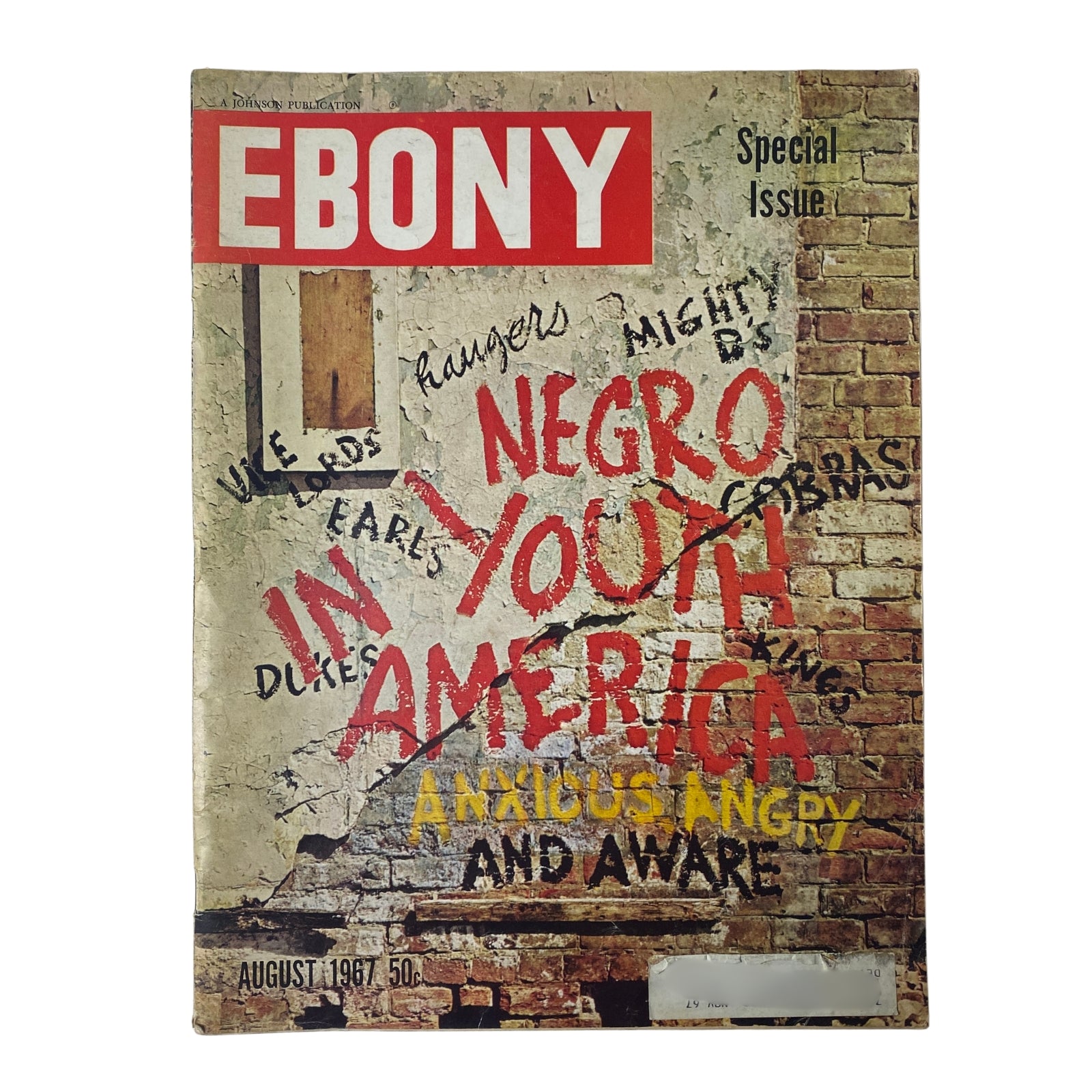 Ebony Magazine August 1967 cover featuring the title 'Negro in Youth America', showcasing the vibrant and urgent themes related to young Black voices and identity, with a provocative design reflecting the cultural context of the 1960s.