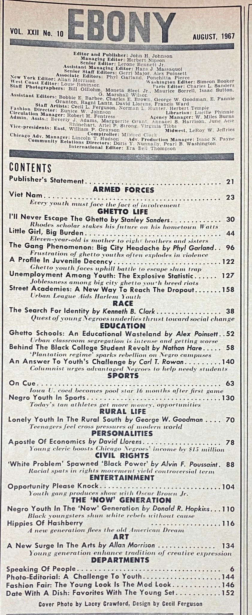 Table of contents from Ebony Magazine August 1967, featuring articles like 'I'll Never Escape the Ghetto' and themes outlined under 'Negro in Youth America'.
