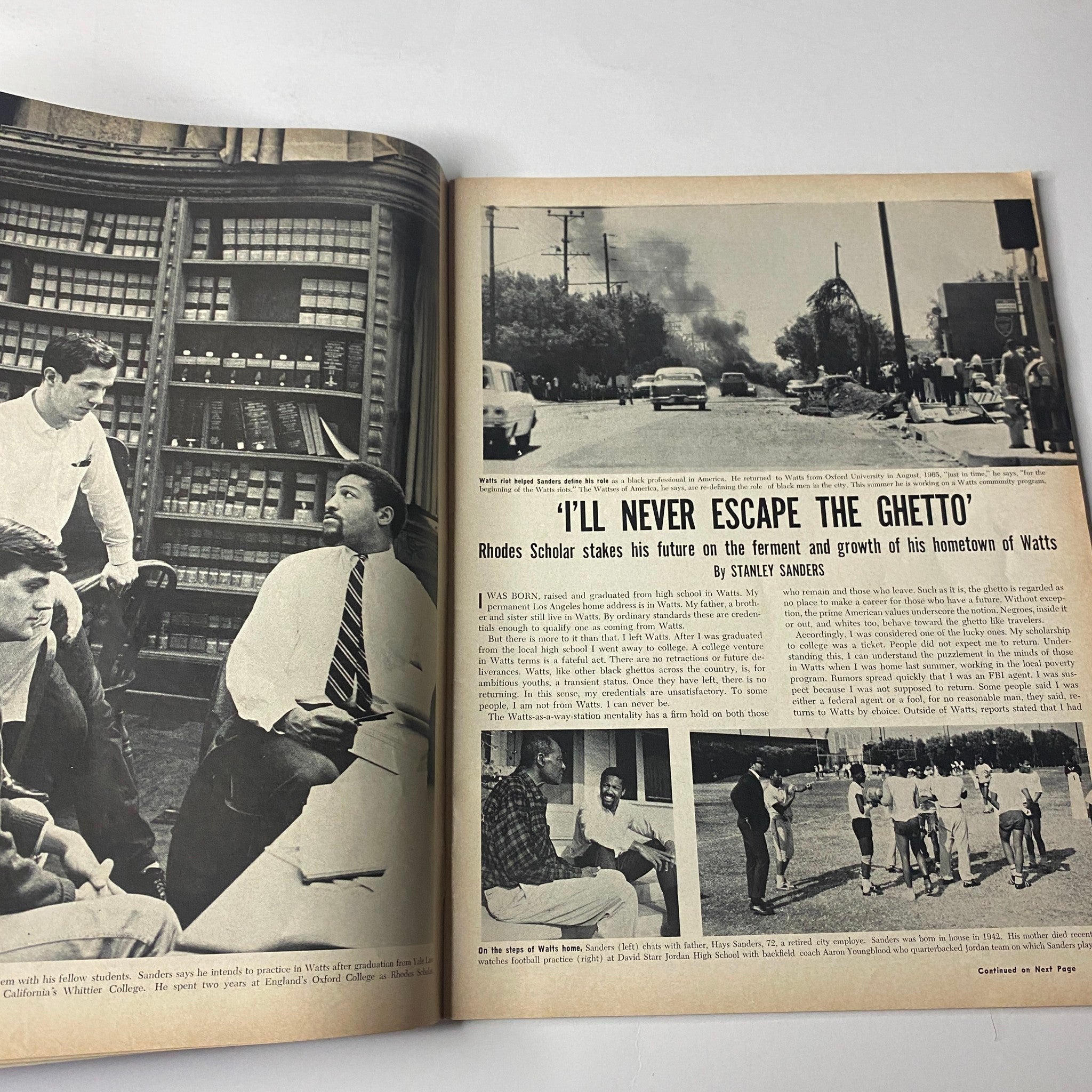 Interior page of Ebony Magazine August 1967 showcasing an article titled 'I'll Never Escape the Ghetto' by Stanley Sanders, discussing the experiences of a Rhodes Scholar.