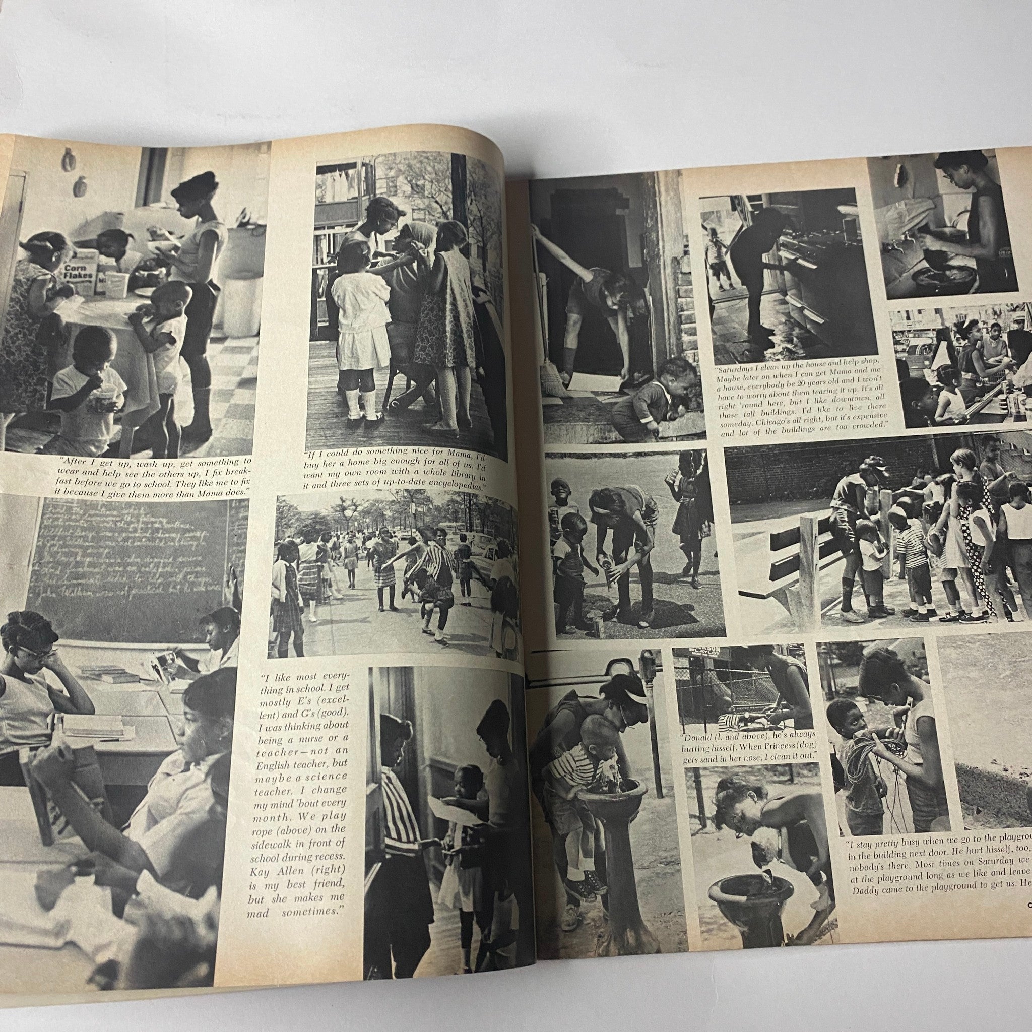 Interior layout from Ebony Magazine August 1967 displaying various images related to Black youth in community settings, emphasizing cultural identity and daily life.