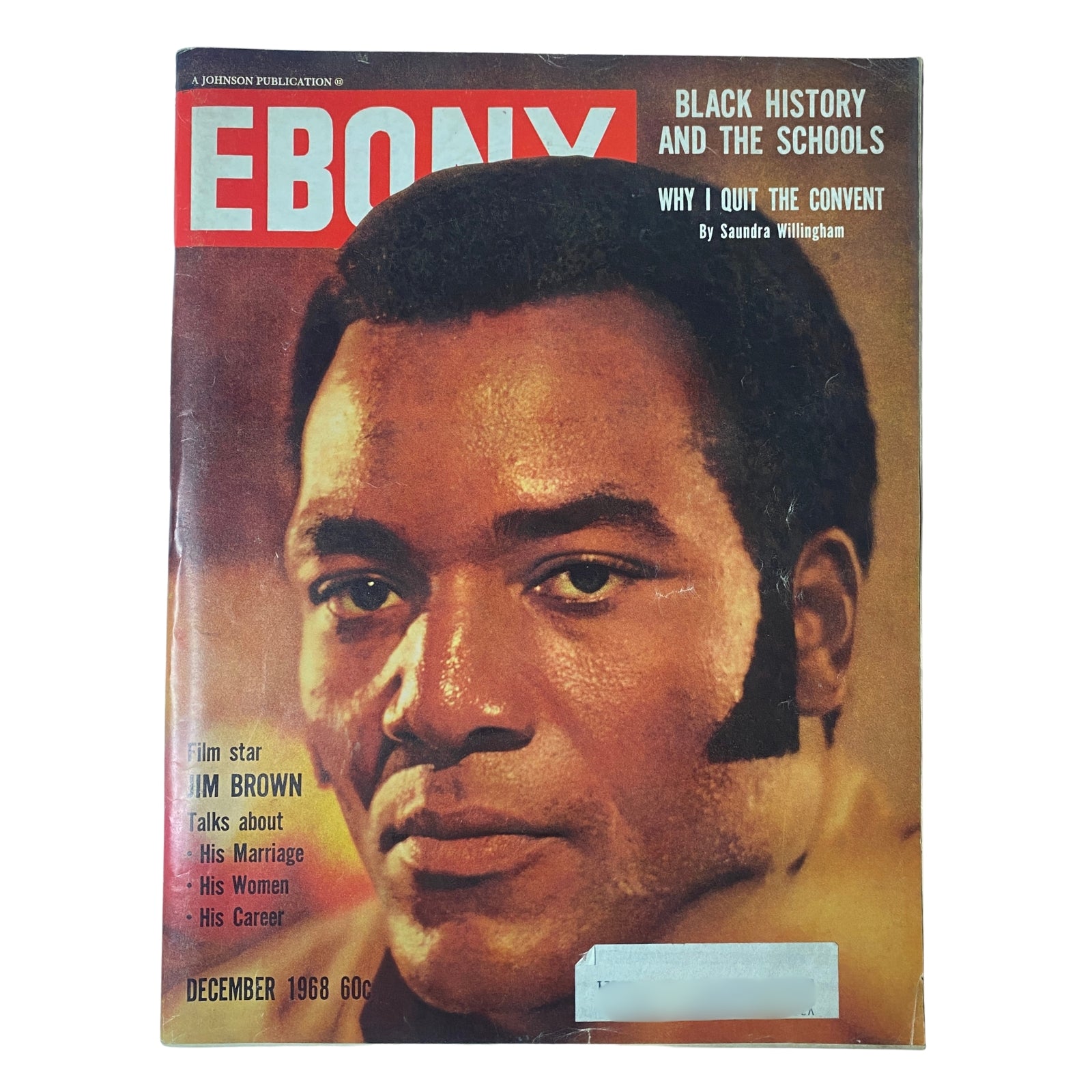Ebony Magazine December 1968 featuring Jim Brown, Cleveland Browns Star Fullback on the cover. The magazine highlights Black history and culture, showcasing an impactful interview and significant topics of the time.