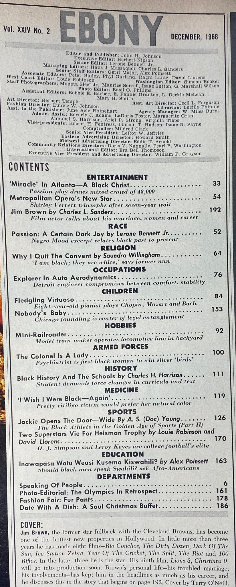 Ebony Magazine December 1968 table of contents featuring Jim Brown, Cleveland Browns Star Fullback Cover, highlighting articles on entertainment, race, and culture.