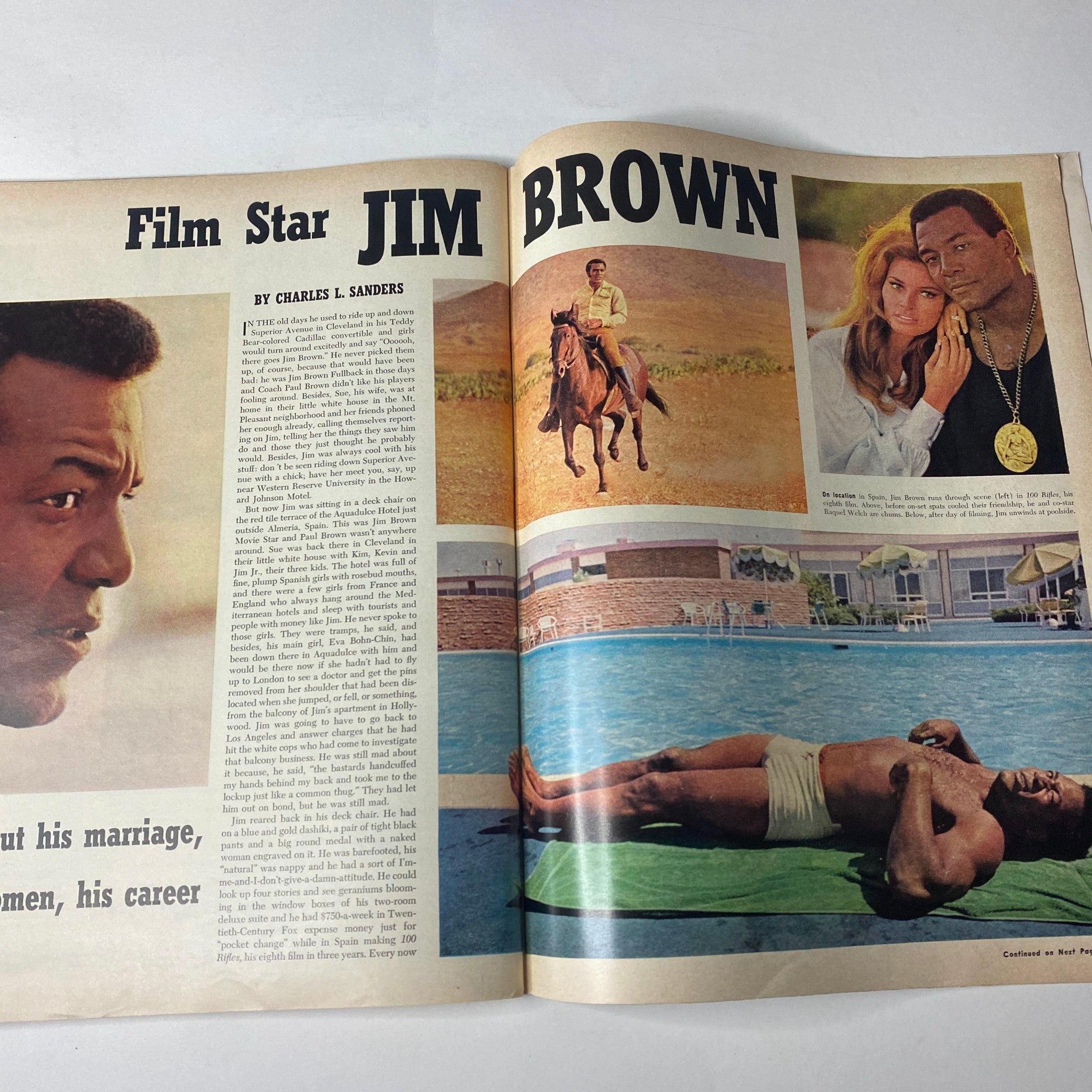 Inside spread of Ebony Magazine December 1968 featuring Jim Brown in a film star profile by Charles L. Sanders, showcasing his transition from football to Hollywood.