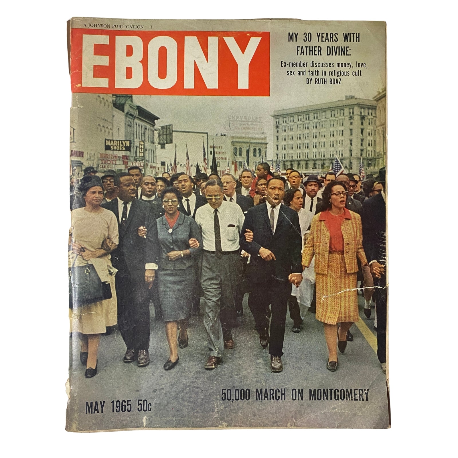 Cover of Ebony Magazine May 1965 featuring Dr. Martin Luther King Jr., Rosa Parks during the 50,000 March on Montgomery, capturing a pivotal moment in the Civil Rights Movement.