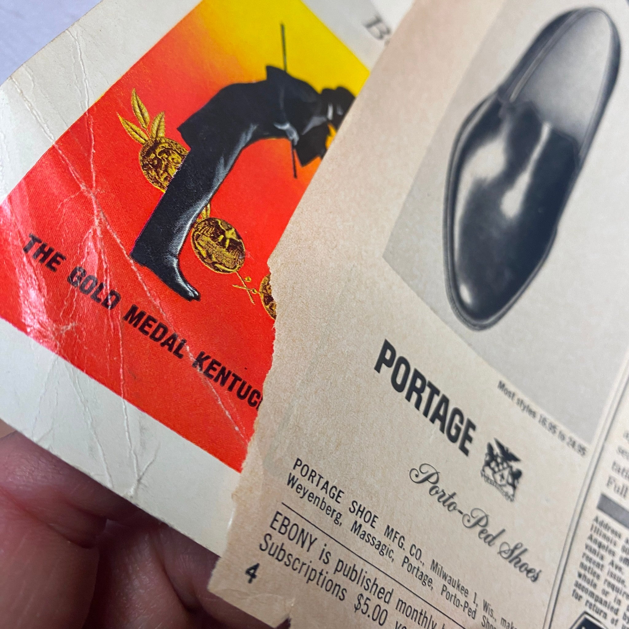 Interior page of Ebony Magazine May 1965 showing an advertisement and details about Portage shoes, emphasizing the magazine’s mid-20th century design and cultural context.