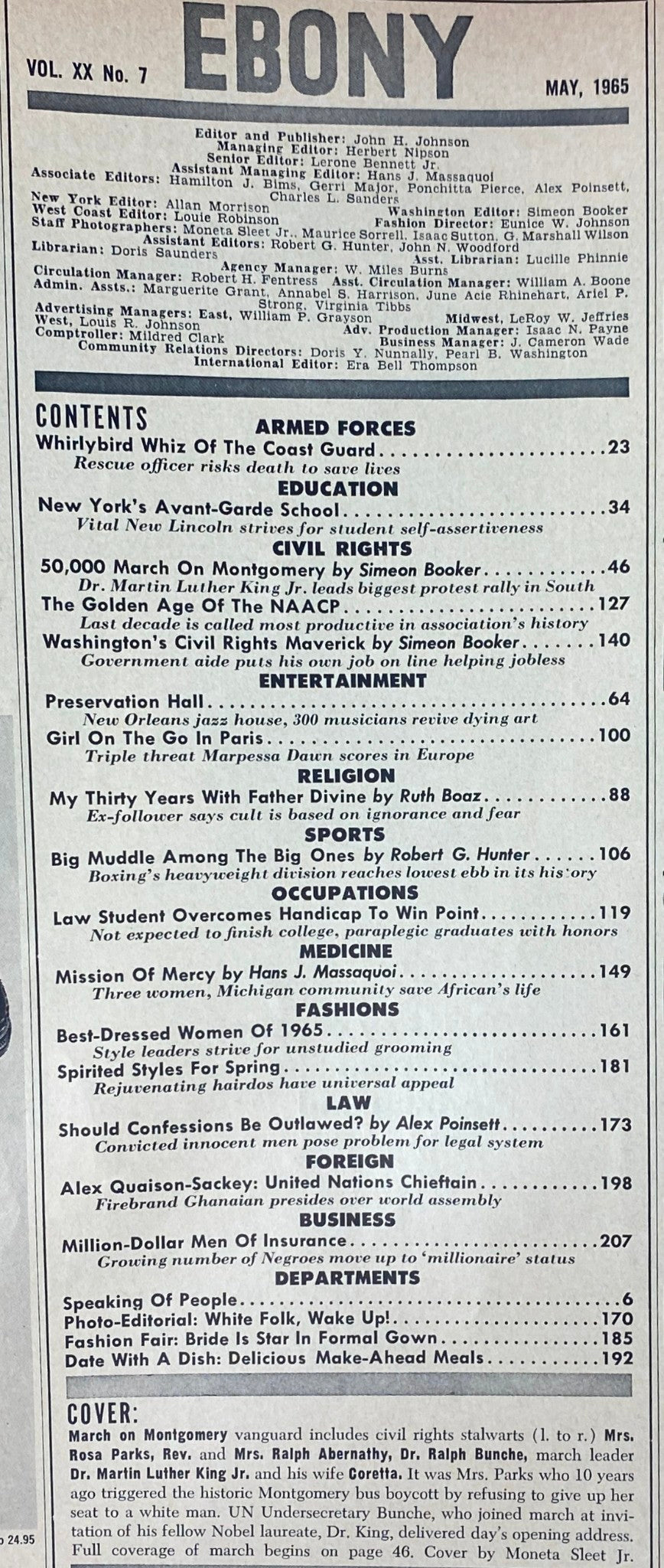 Ebony Magazine May 1965 detailing the table of contents for volume XX, number 7, highlighting notable articles including '50,000 March on Montgomery' and 'Best-Dressed Women of 1965.'