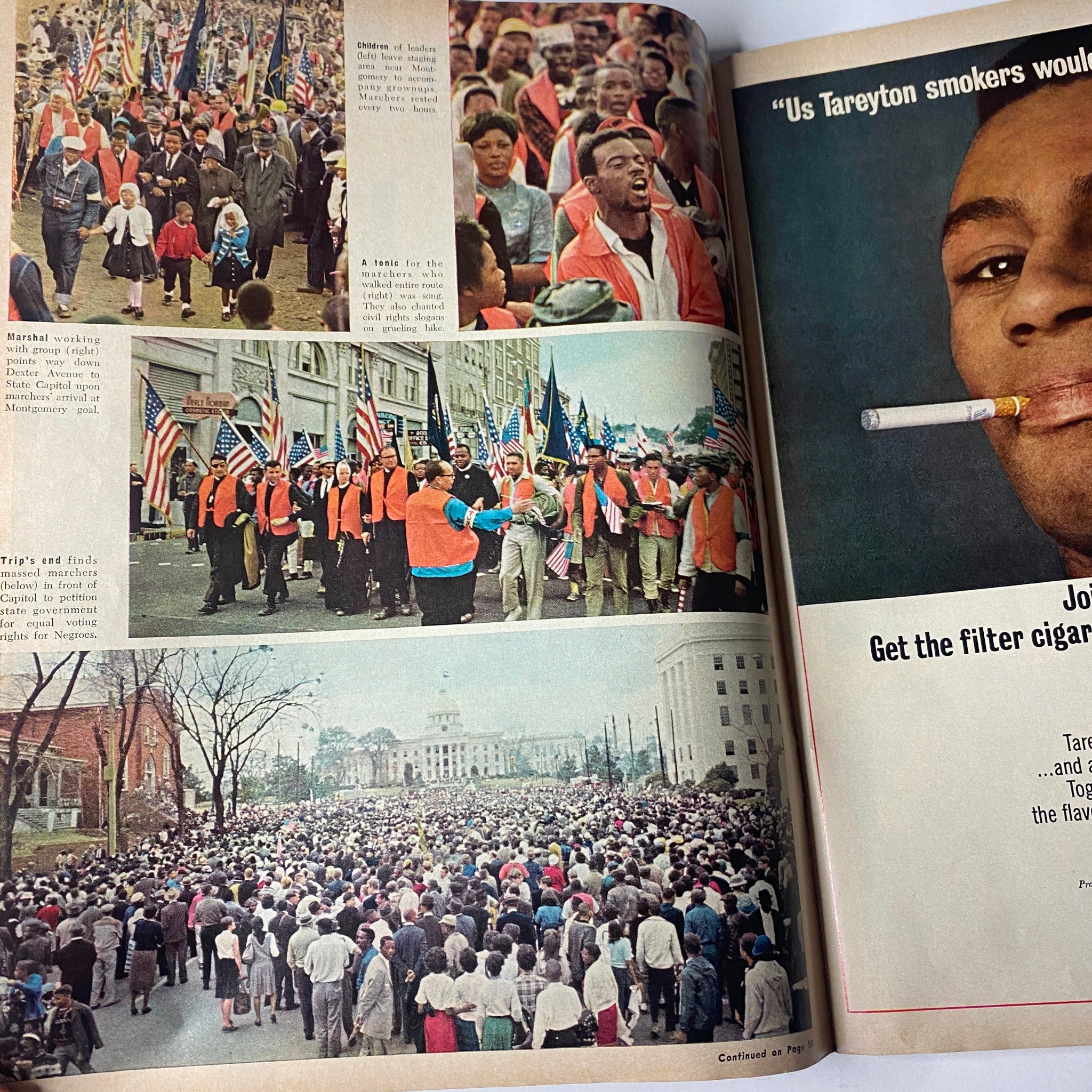 Ebony Magazine May 1965 featuring images from the March on Montgomery, depicting participants and protesters with flags celebrating civil rights.