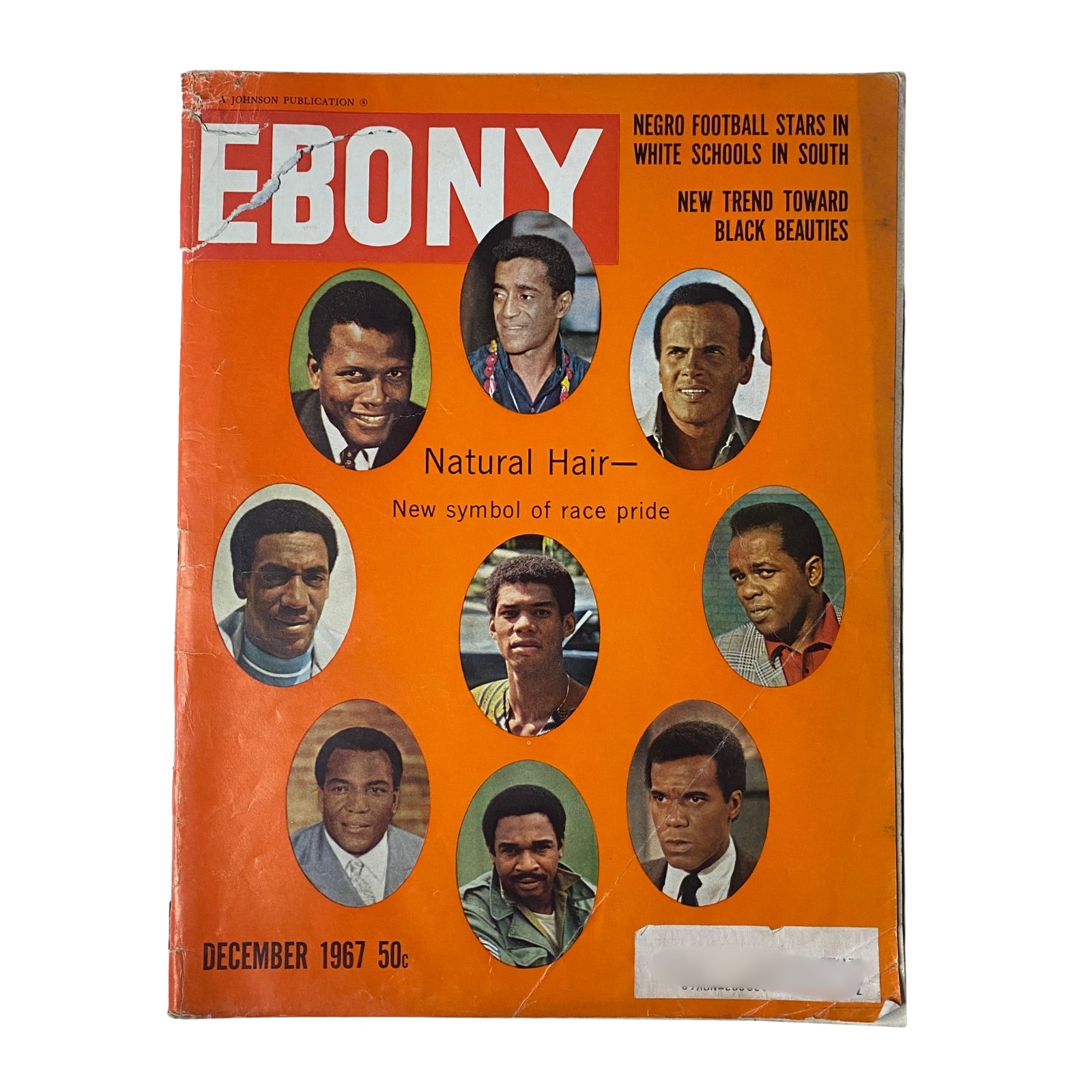 Cover of Ebony Magazine December 1967 featuring the title 'Natural Hair—New Symbol of Race Pride' with images of notable Black men including Sammy Davis Jr. and Harry Belafonte, highlighting cultural themes of the era.