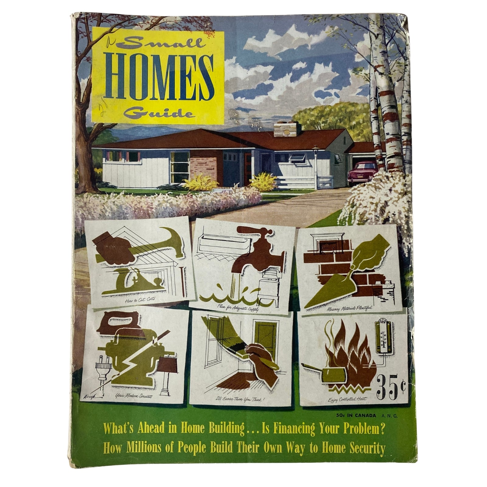 Cover of Small Homes Guide Magazine Fall 1951 featuring illustrations related to home building, including construction tools and methods, with a scenic house background. Highlights the theme 'What’s Ahead in Home Building.'