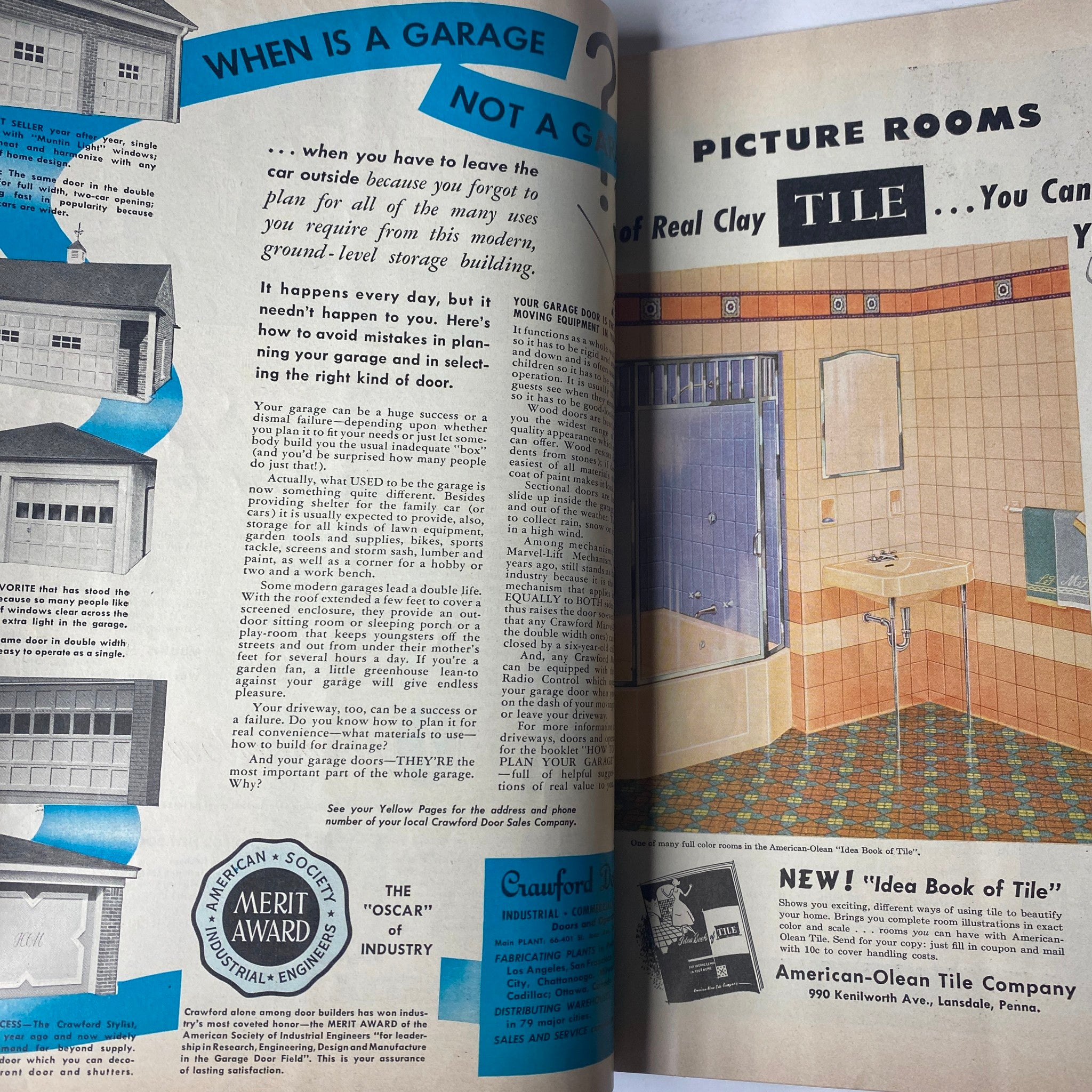 Illustration from Small Homes Guide Magazine Fall 1951 highlighting garage features and planning tips for homeowners, emphasizing convenience and design in home building.