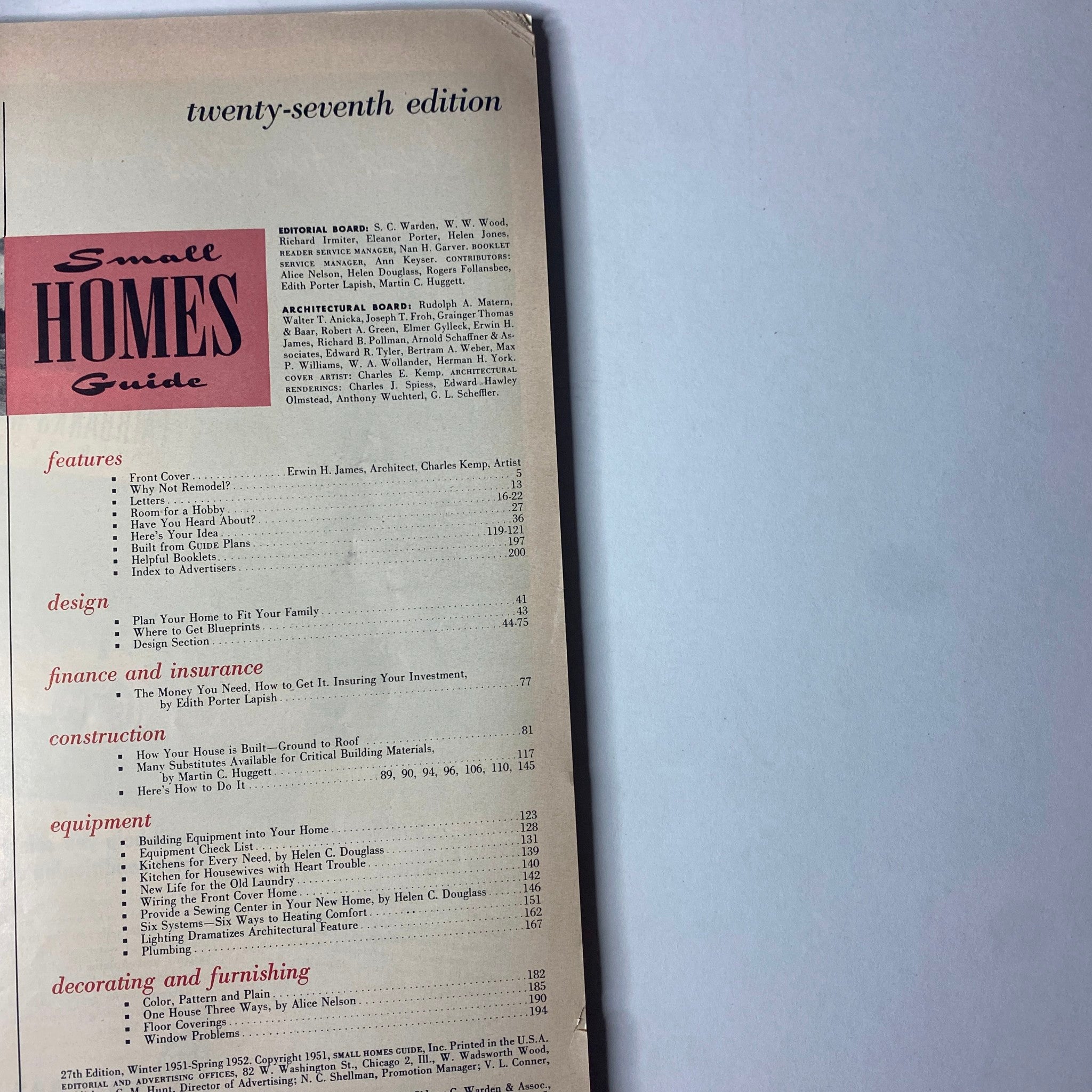 Contents page of Small Homes Guide Magazine Winter 1951–Spring 1952 showcasing features on home design, finance, insurance, and construction insights for budget-conscious homeowners.