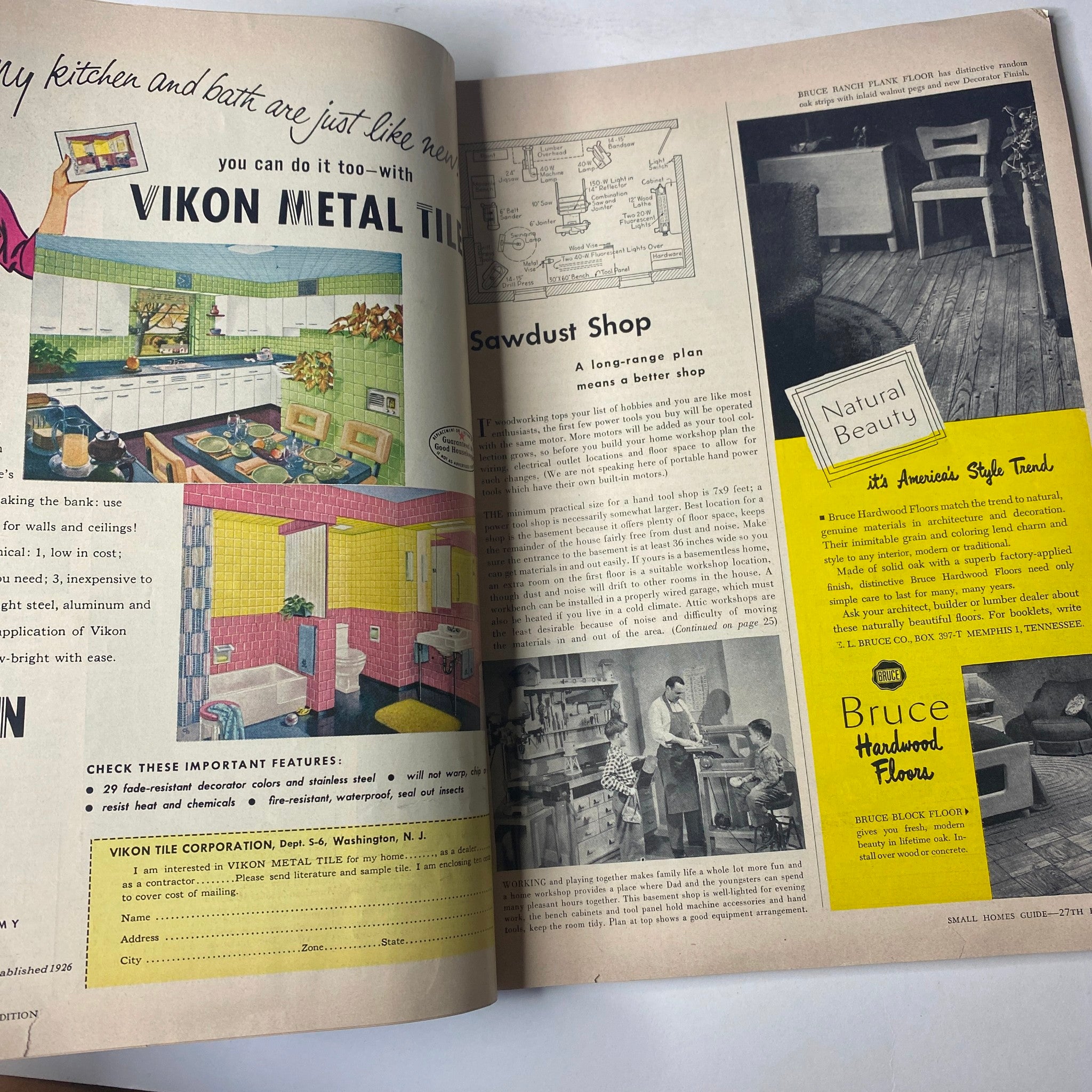 Interior spread of Small Homes Guide Magazine Winter 1951–Spring 1952 displaying advertisements and articles related to home equipment, construction materials, and practical design suggestions.