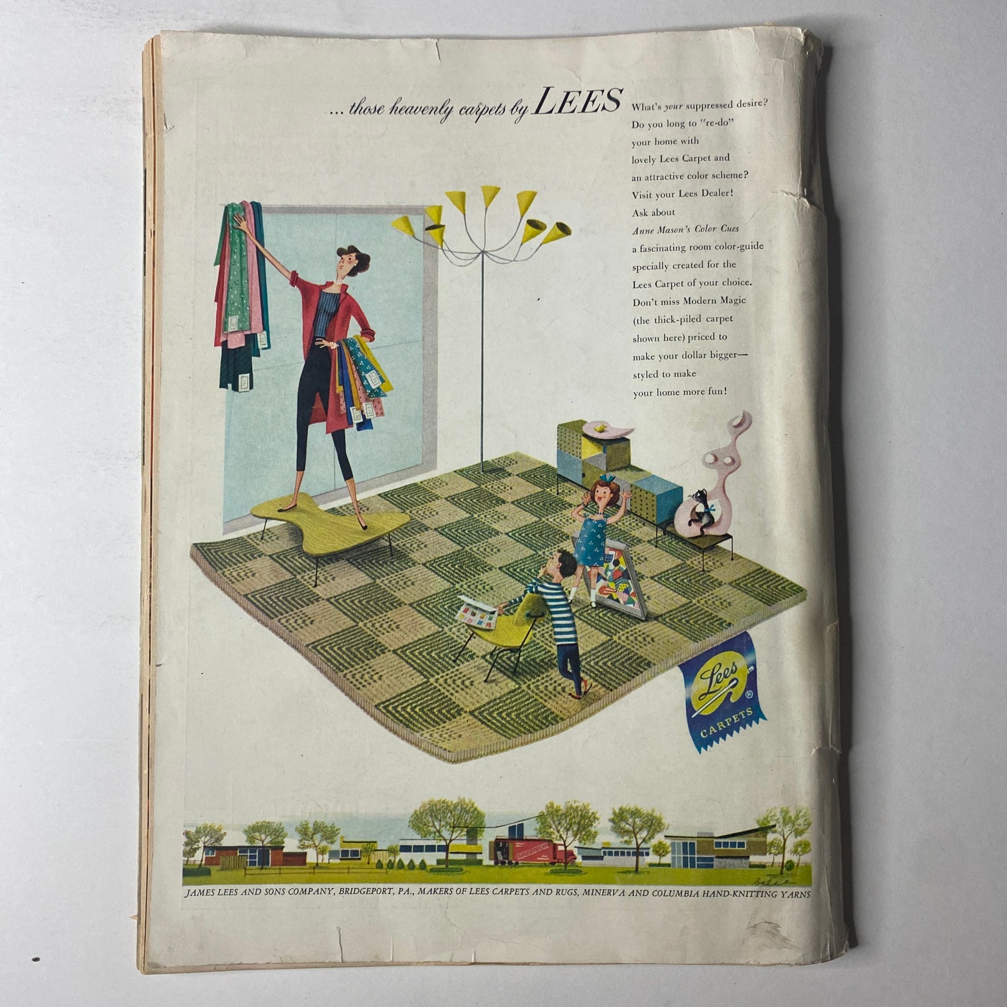 Cover of 'Small Homes Guide Magazine Winter 1951–Spring 1952 Budget-Wise Building' featuring a vintage scene with a woman in a colorful outfit selecting clothes on a rack, and a child playing on an artistic patterned floor. The design reflects mid-century décor and practical home living ideas.