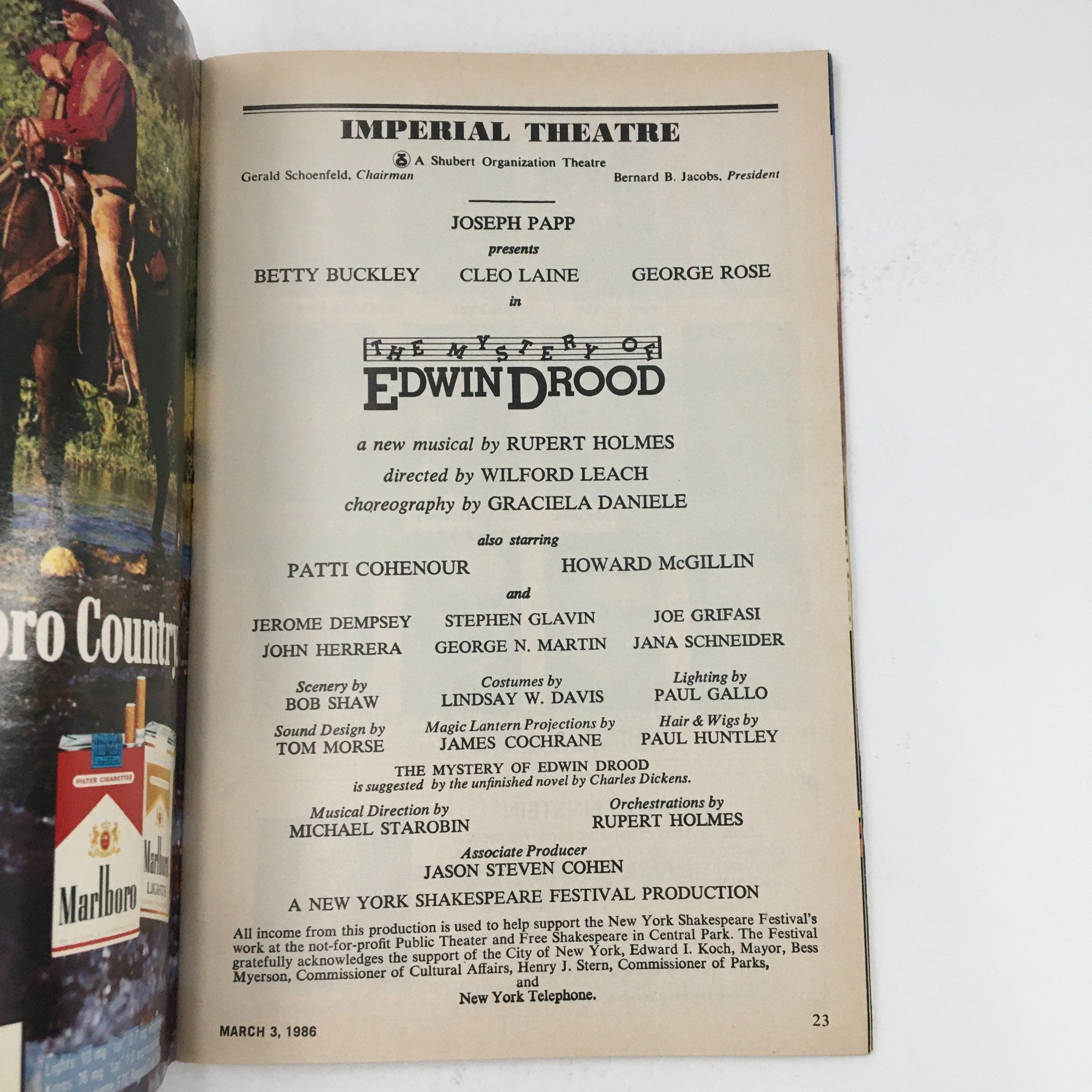 1986 Playbill Imperial Theatre Joseph Papp Present The Mystery of Edwin Drood