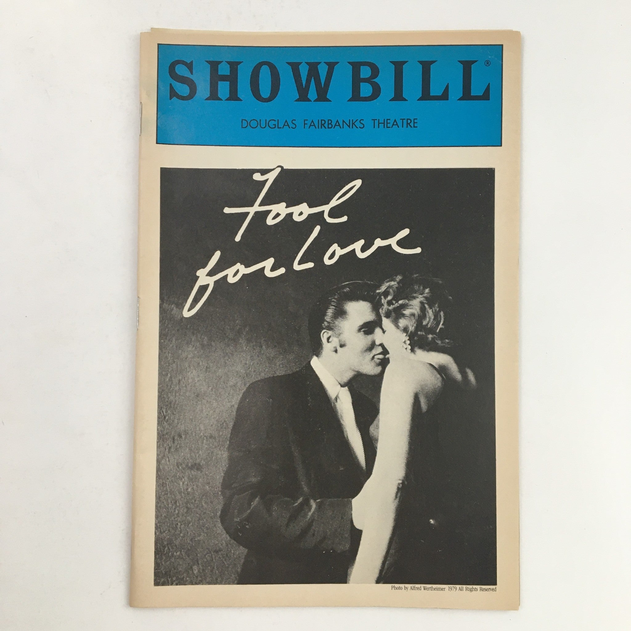 1985 Showbill for Fool For Love by Sam Shepard, showcasing a romantic scene on the cover with a couple in a passionate embrace.