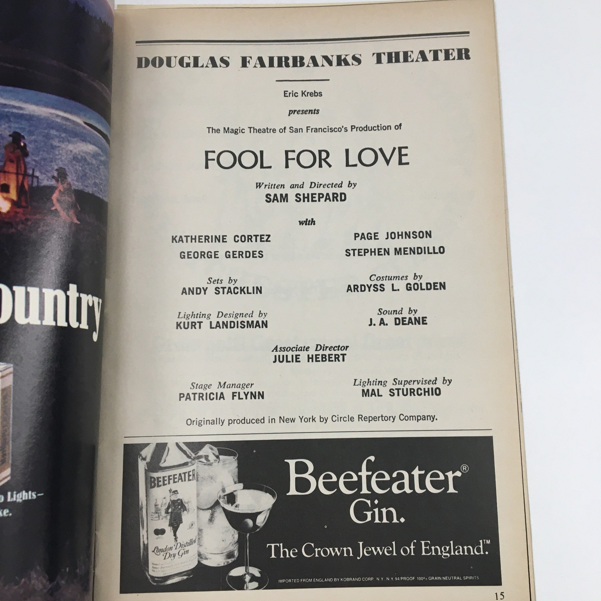 Inside page of the 1985 Showbill from the Douglas Fairbanks Theatre, detailing cast and crew for Fool For Love by Sam Shepard.