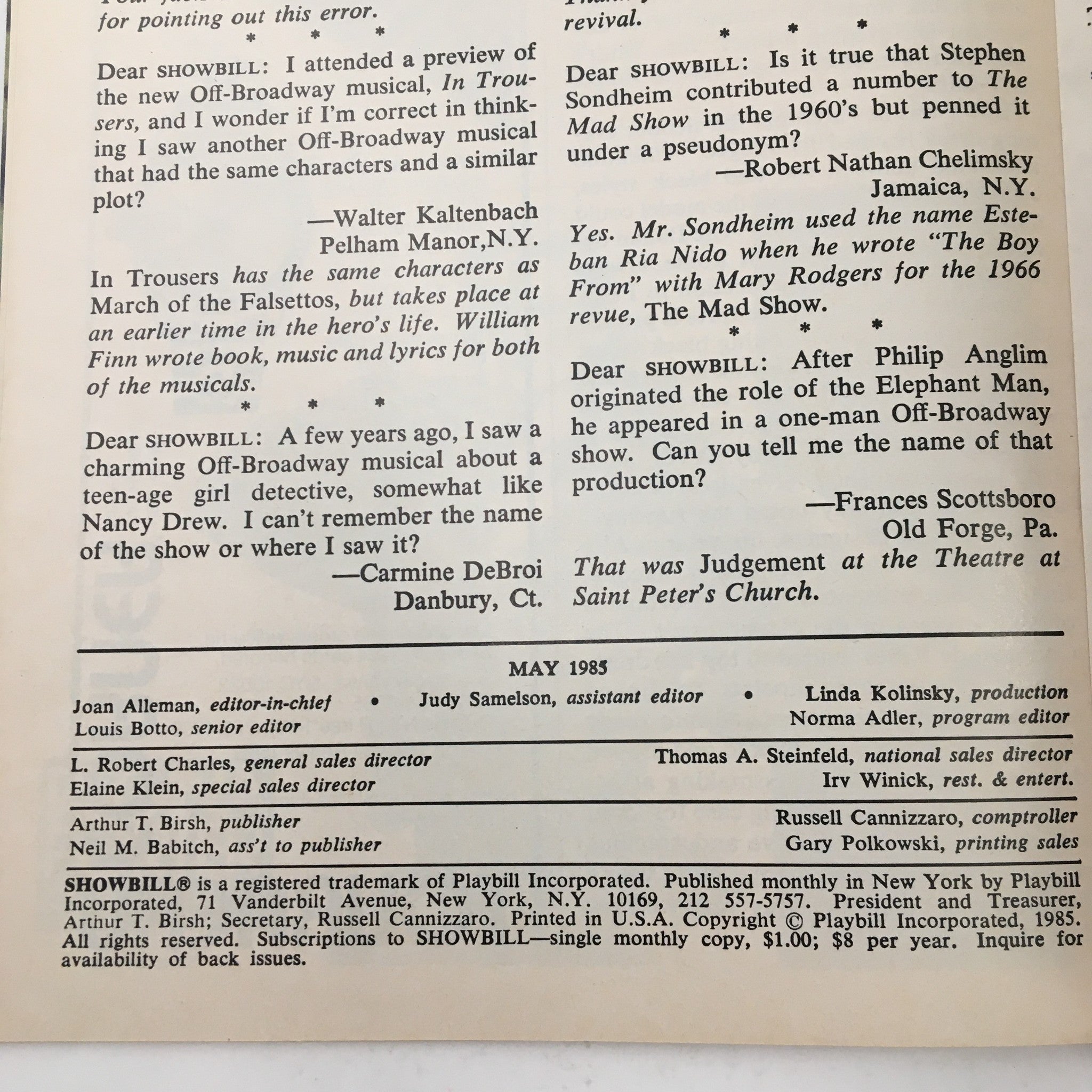 Another page from the 1985 Showbill for Fool For Love by Sam Shepard, featuring editorial content and acknowledgments.