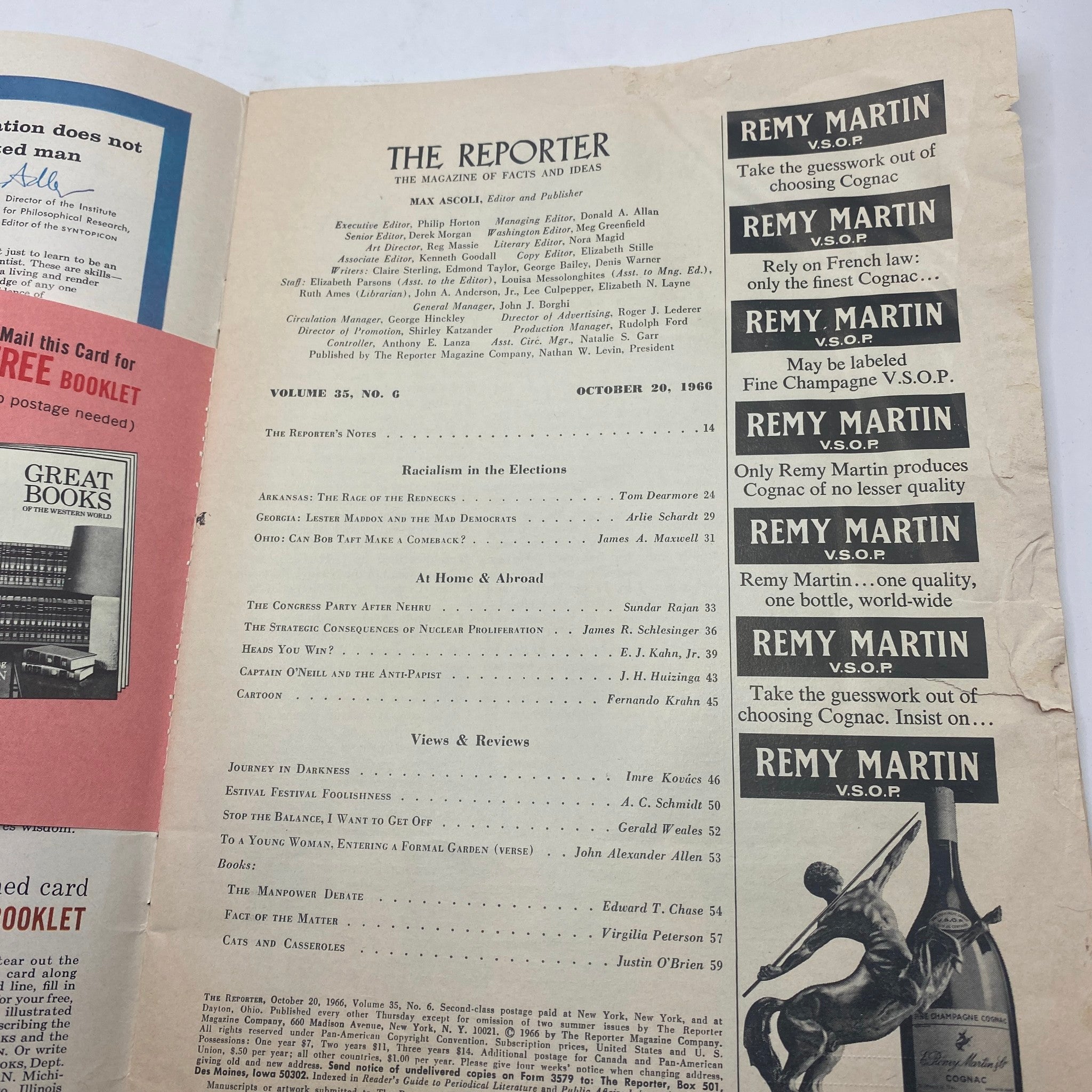 VTG The Reporter Magazine October 20 1966 Racialism in the Elections GD Interior