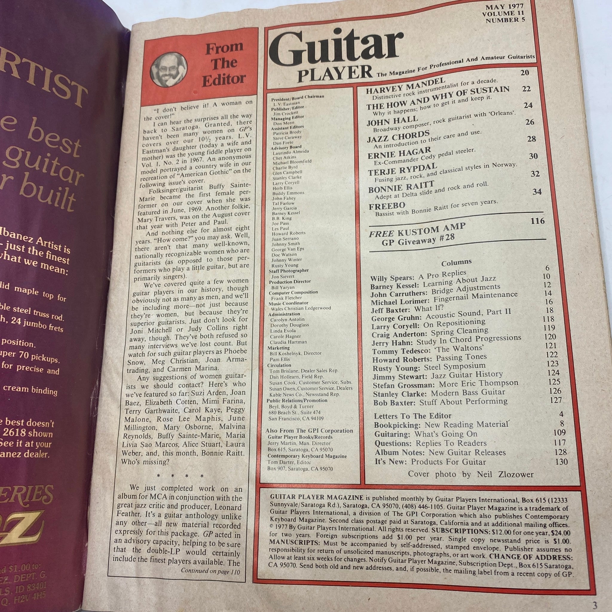 Interior page of VTG Guitar Player Magazine May 1977 showcasing the table of contents with sections on featured artists and music columns.