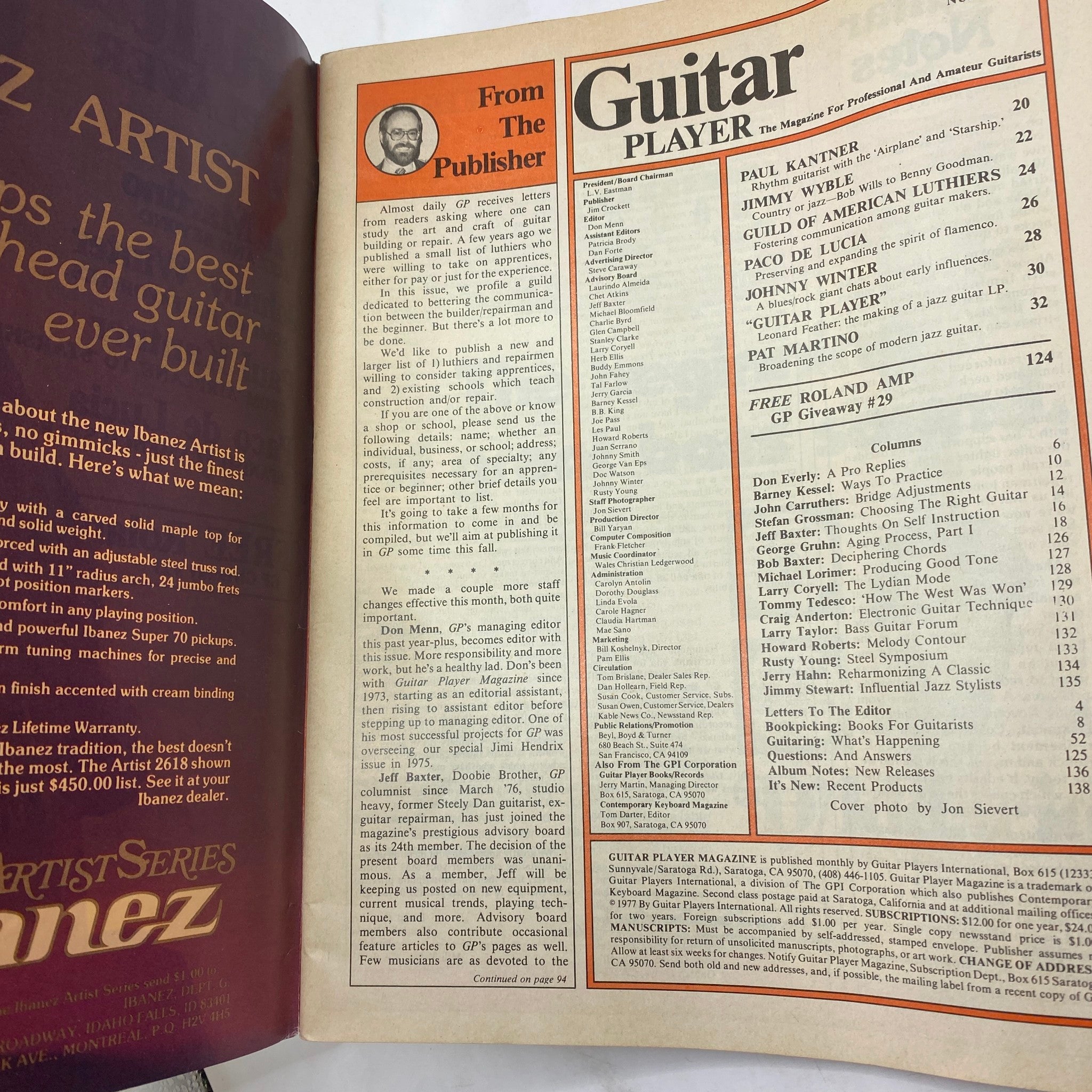 Inside page of the June 1977 Guitar Player Magazine showing the publisher's note and table of contents with featured artists like Pat Martino and Johnny Winter.