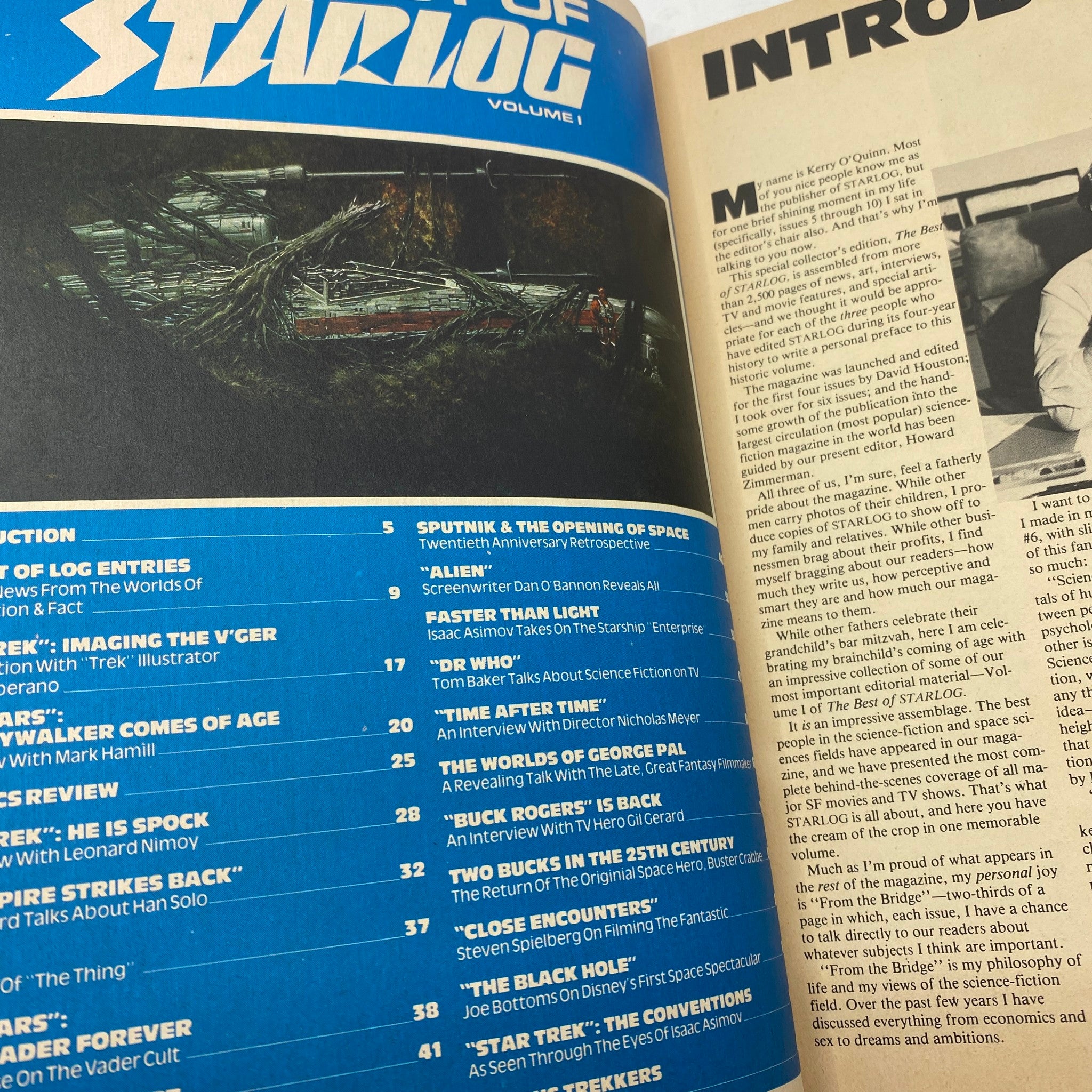 Inside view of The Best of Starlog Magazine 1980 Vol. 1, displaying a table of contents with articles about science fiction films and interviews.