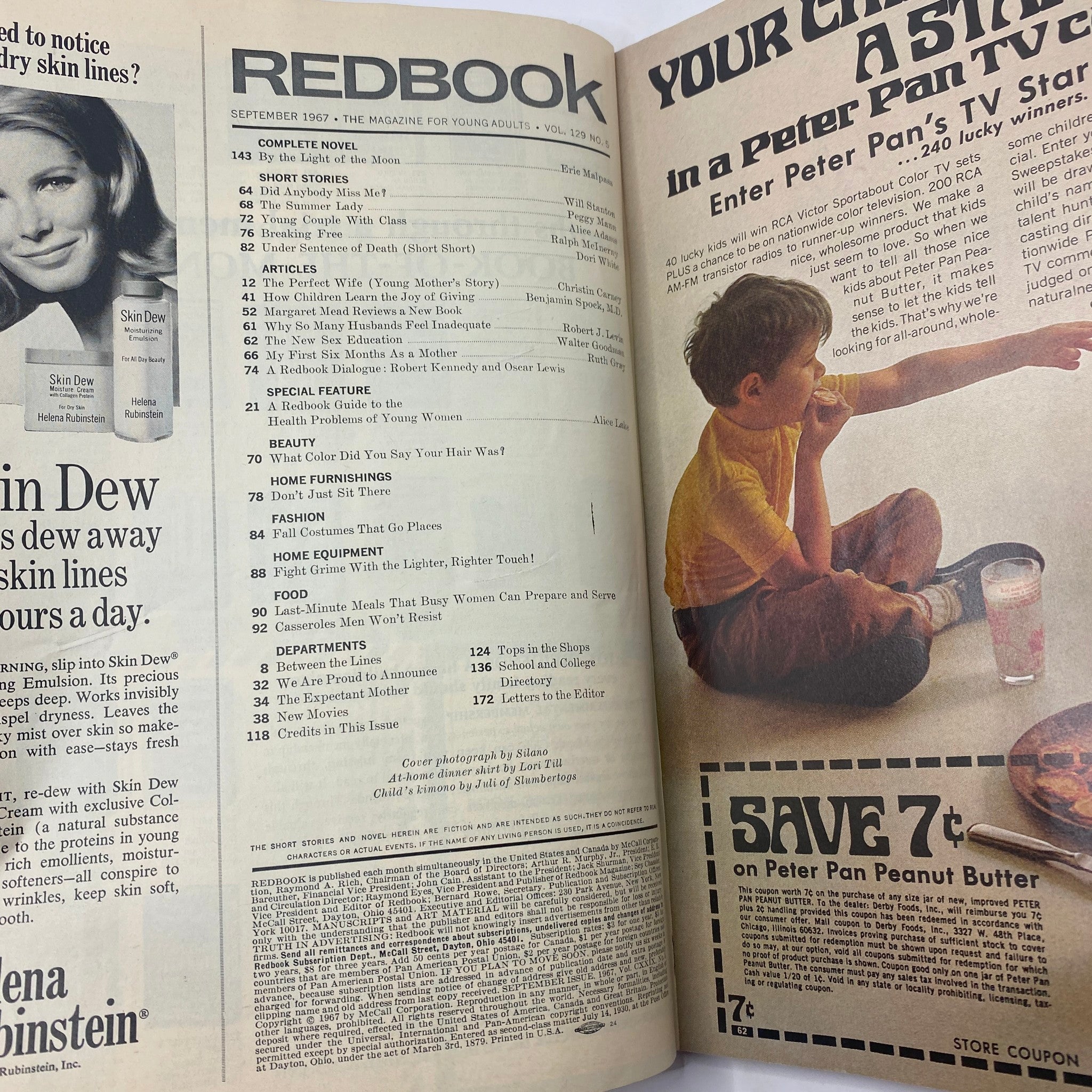 Interior page of VTG Redbook Magazine September 1967 showing the table of contents and articles including a special section on health problems for young women.
