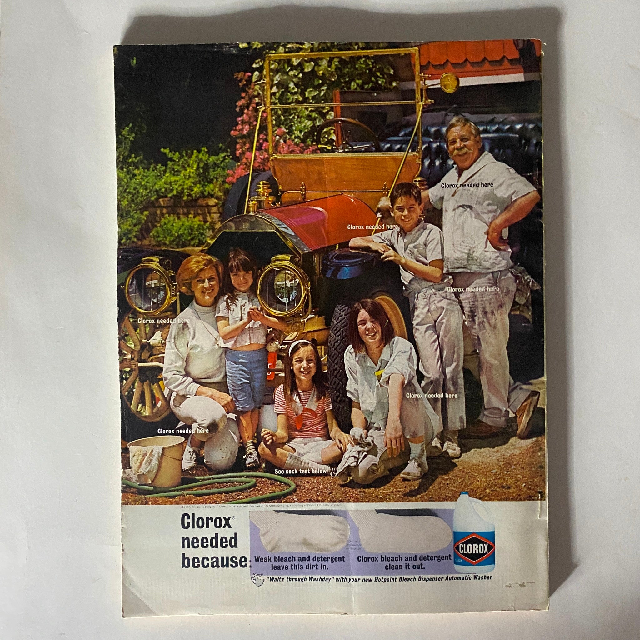 Back cover of VTG Redbook Magazine September 1967 featuring a Clorox advertisement with visuals of a family around a vintage car.