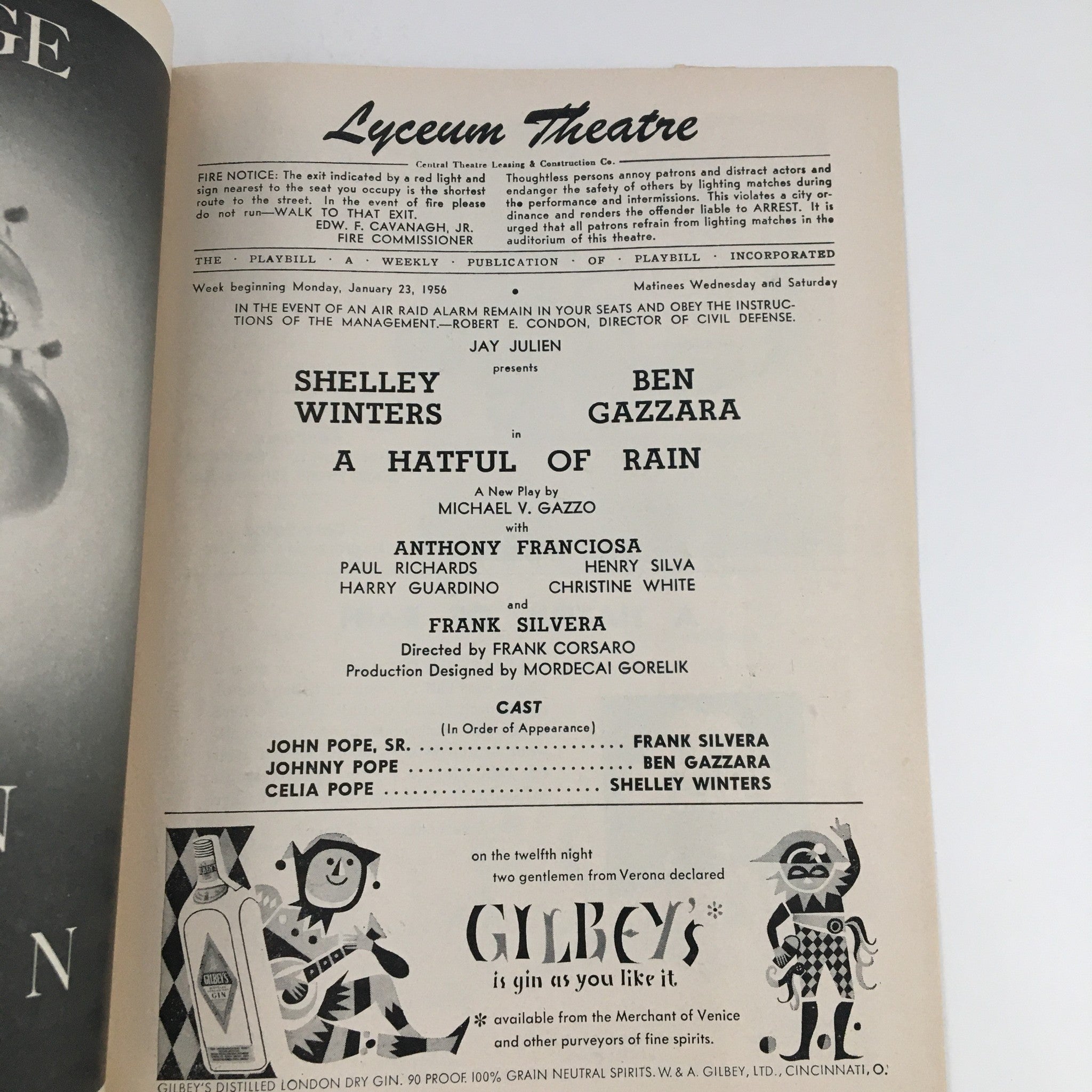 1956 Playbill Lyceum Theatre Presents Shelley Winters in A Hateful of Rain