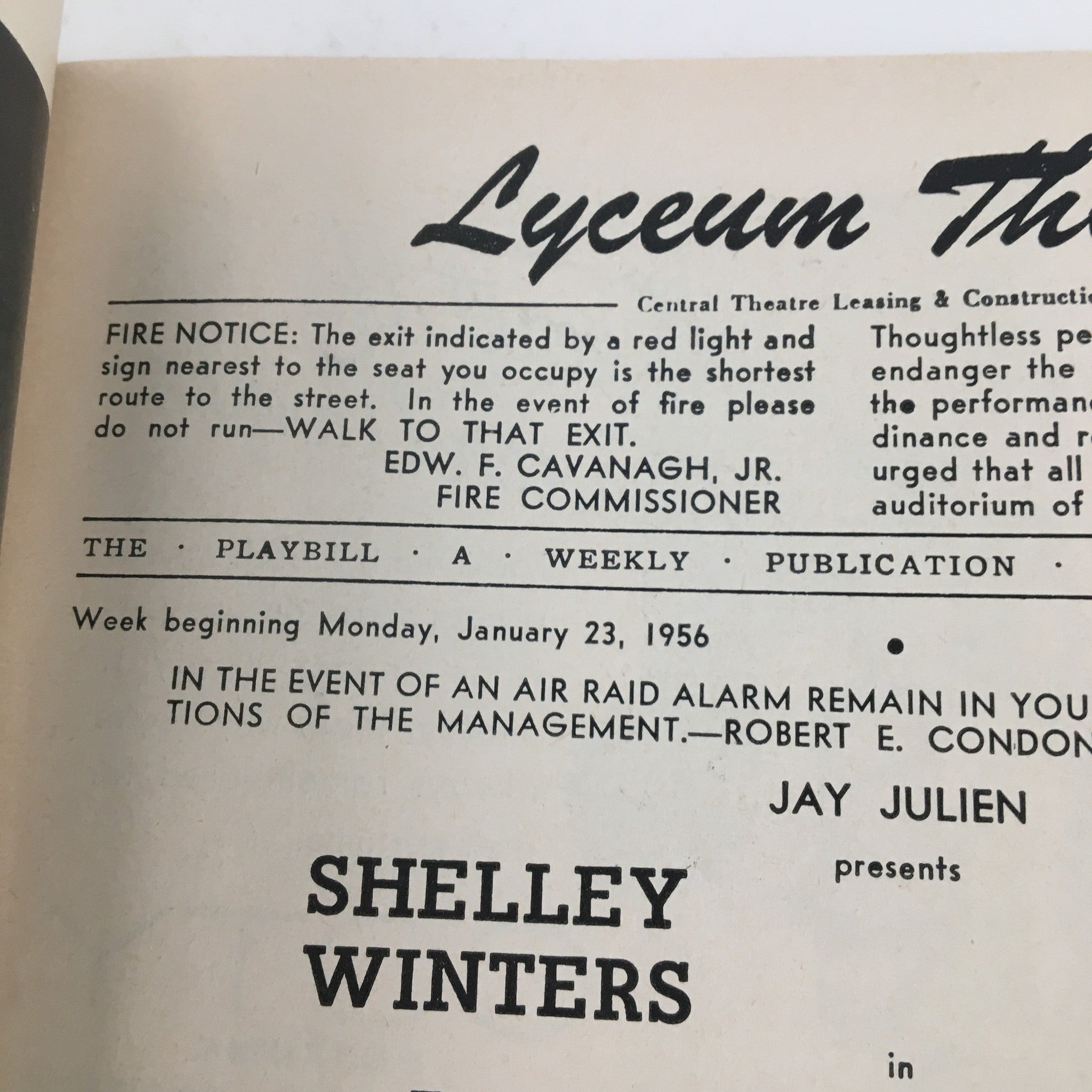 1956 Playbill Lyceum Theatre Presents Shelley Winters in A Hateful of Rain