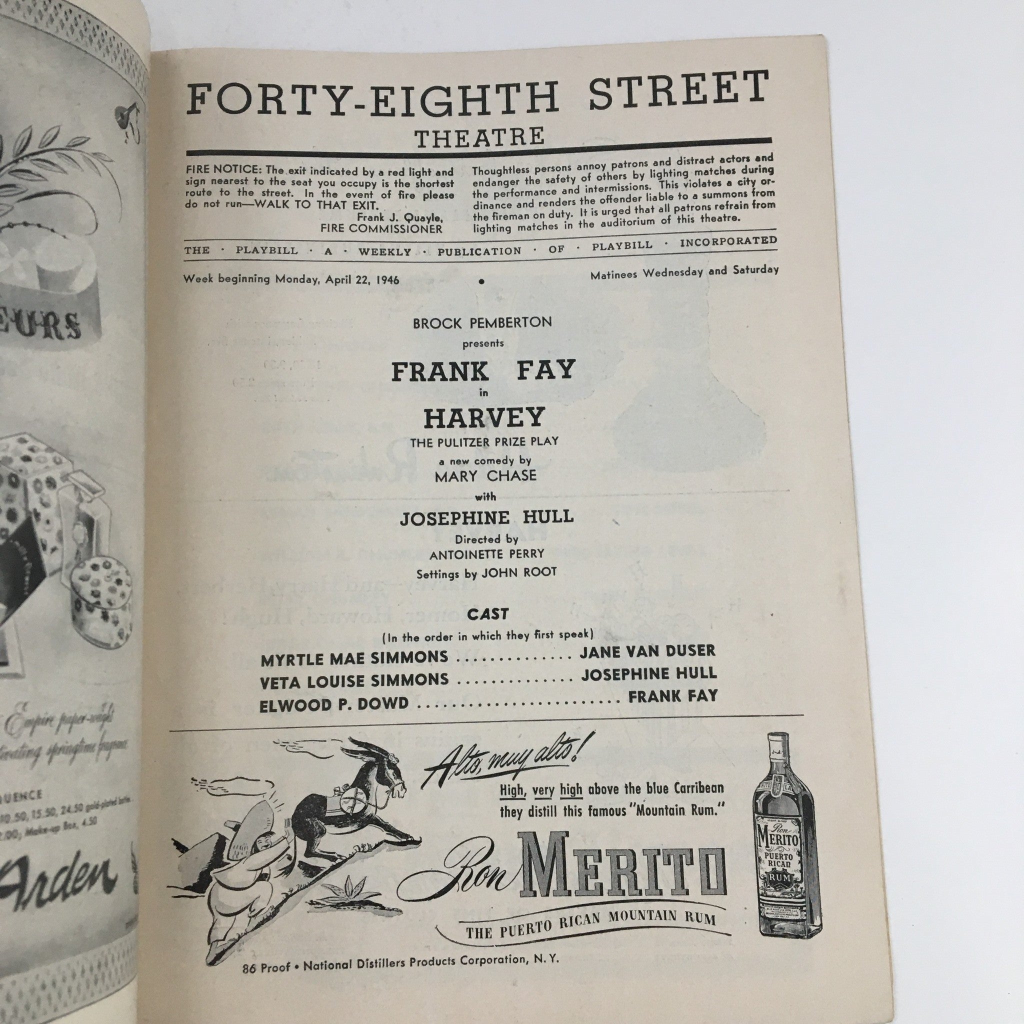 1946 Playbill Forty-Eight Street Theatre Presents Frank Fay in Harvey Prize Play