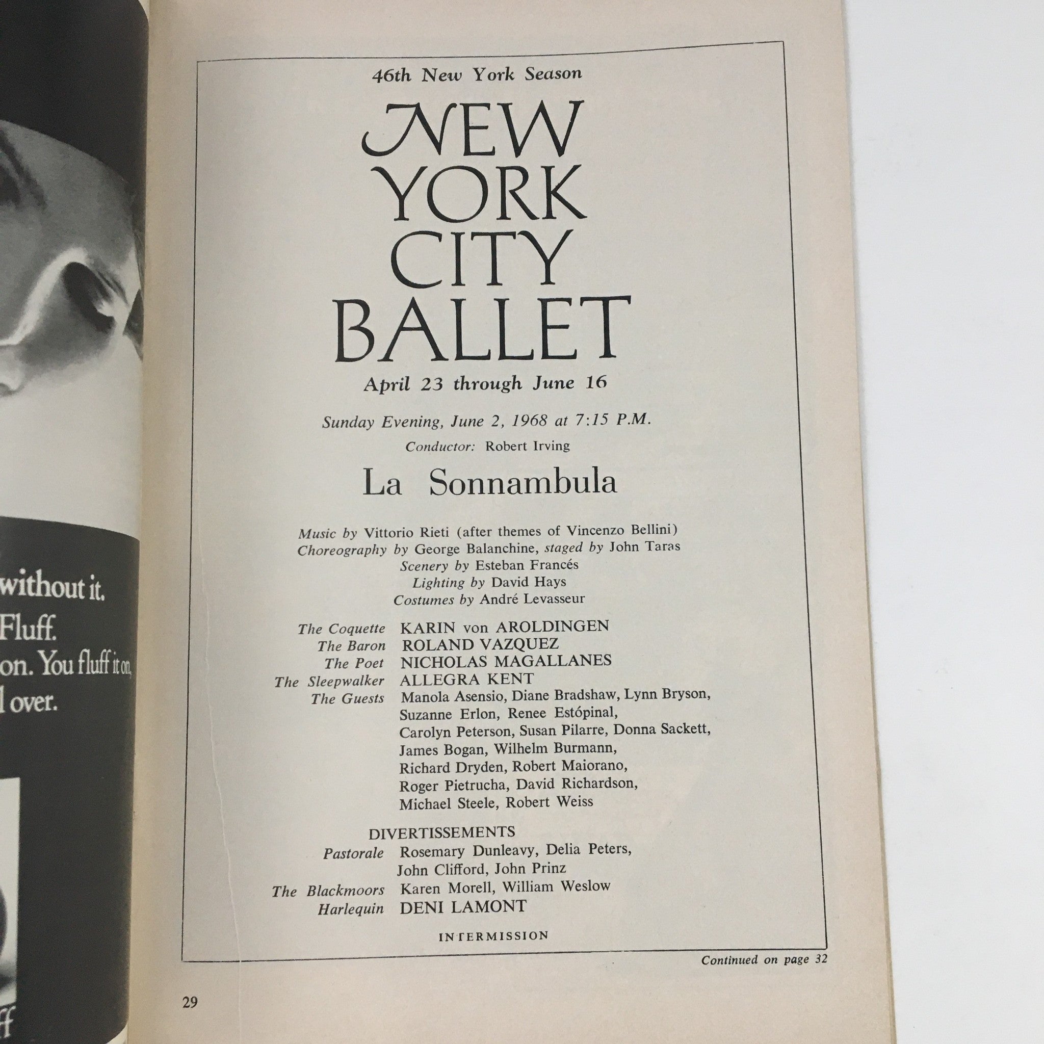 1968 46th New York Season New York City Ballet La Sonnambula by Robert Irving