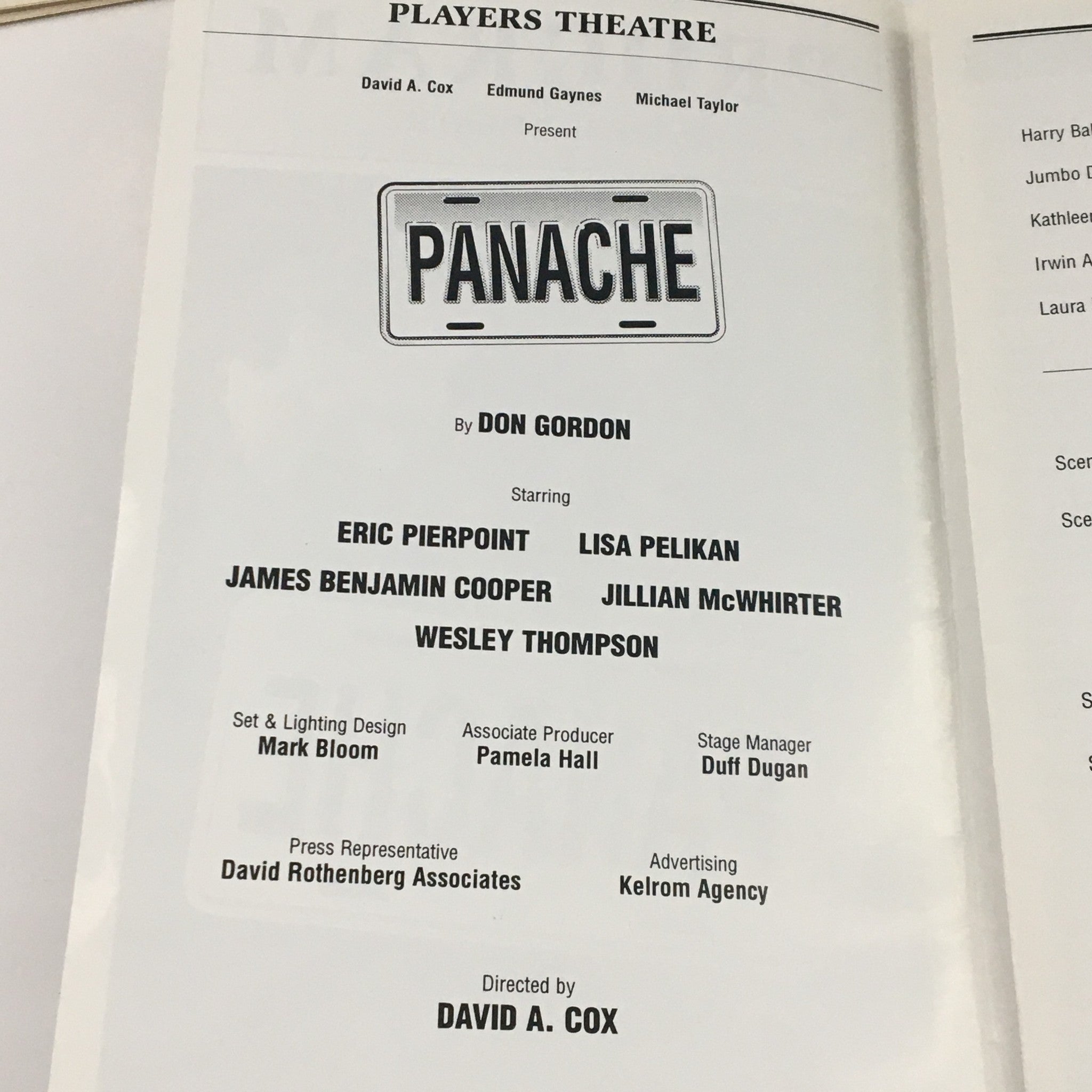 2000 Program Players Theatre David A. Cox Present Panache by Don Gordon