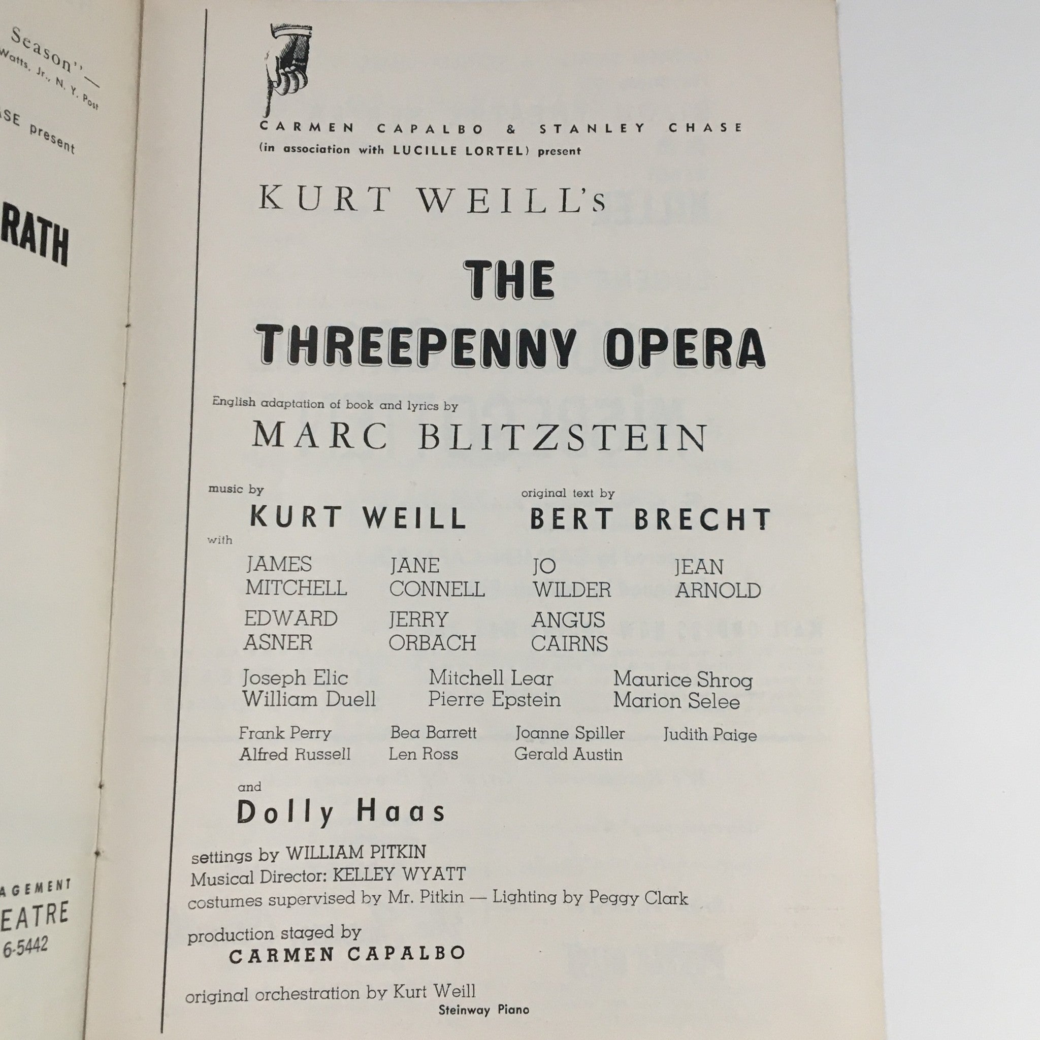 1954 Theater De Lys Lucille Lortel Presents Kurt Well's The Threepenny Opera