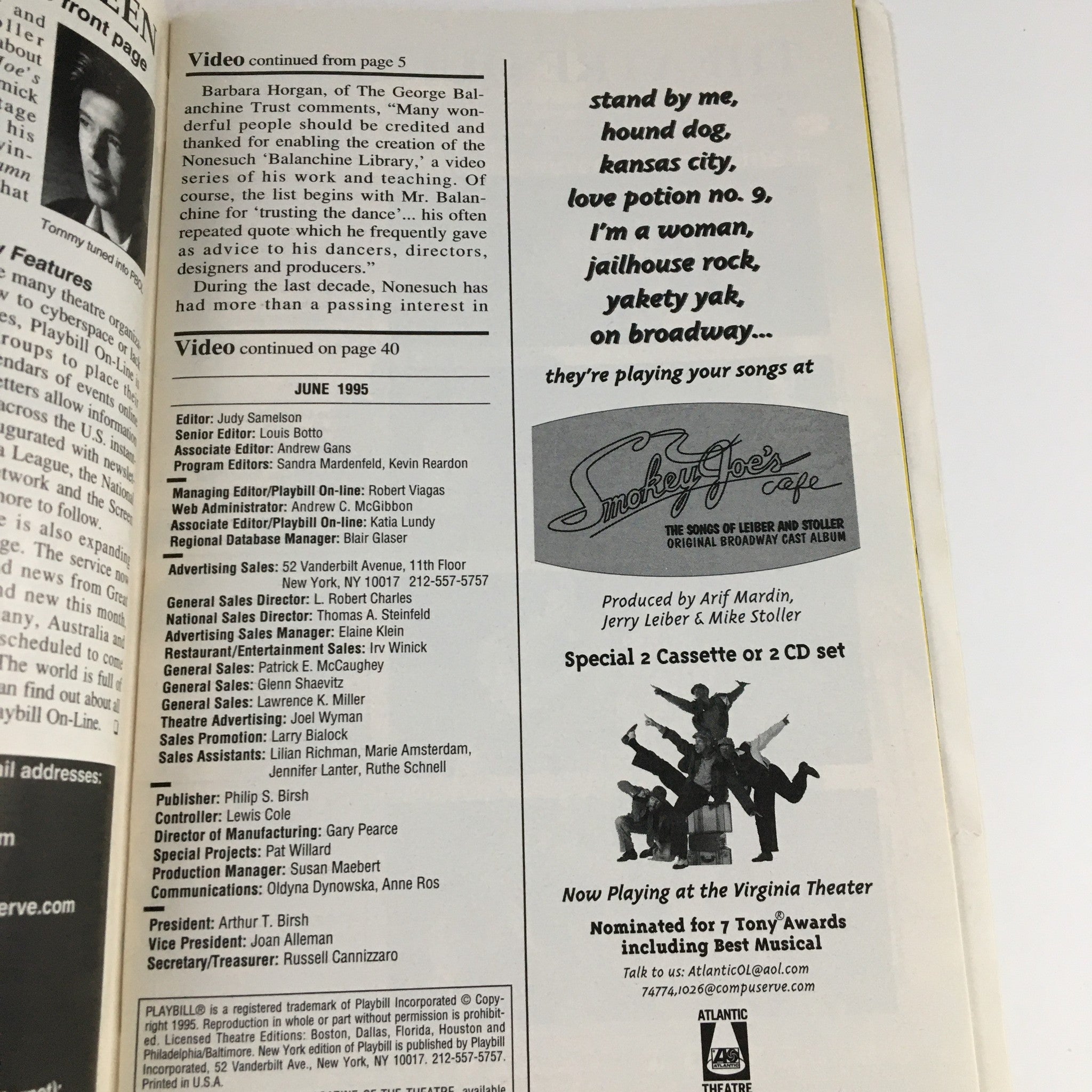 Inside page of the 1995 Playbill for New York City Ballet, featuring a video segment discussion and advertising for theater events in June 1995.