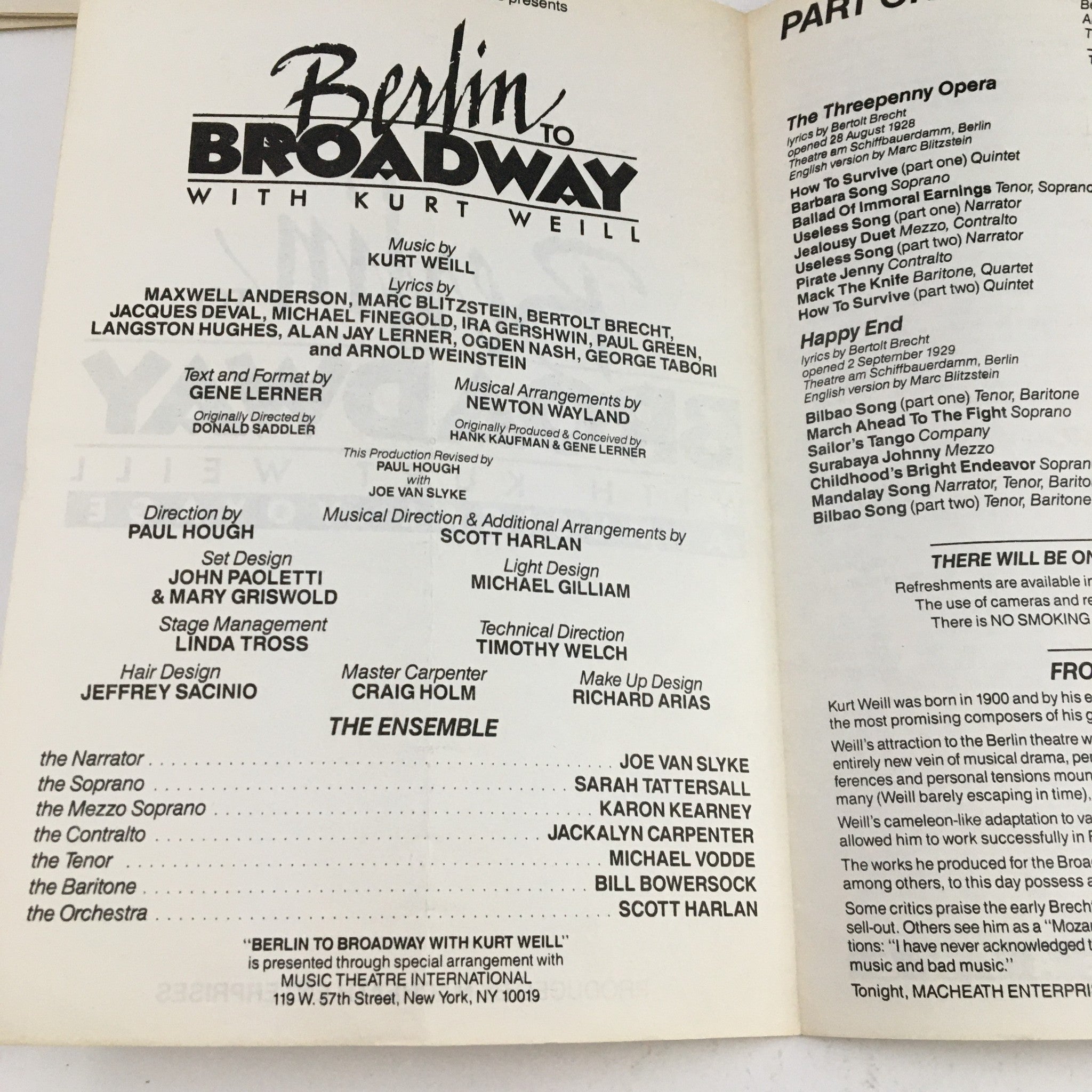 1990 The Threepenny Opera Present Berlin To Broadway with Kurt Weill