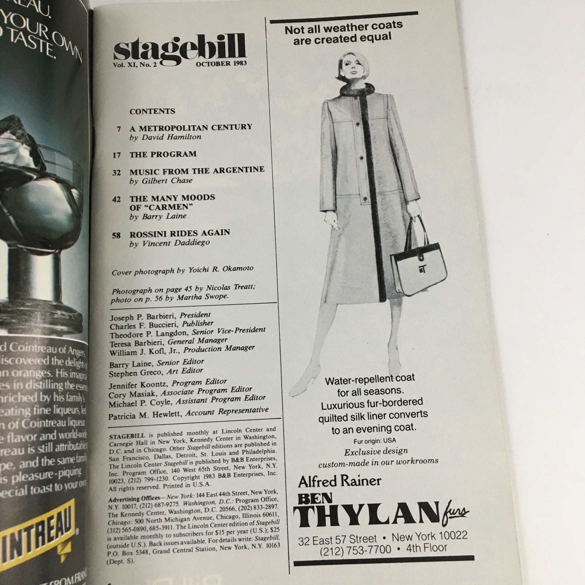 1983 Stagebill for Lincoln Center Performing Arts featuring content highlights including 'A Metropolitan Century', 'The Program', and 'The Many Moods of Carmen'. The magazine showcases an advertisement for a water-repellent coat, emphasizing luxury and style.