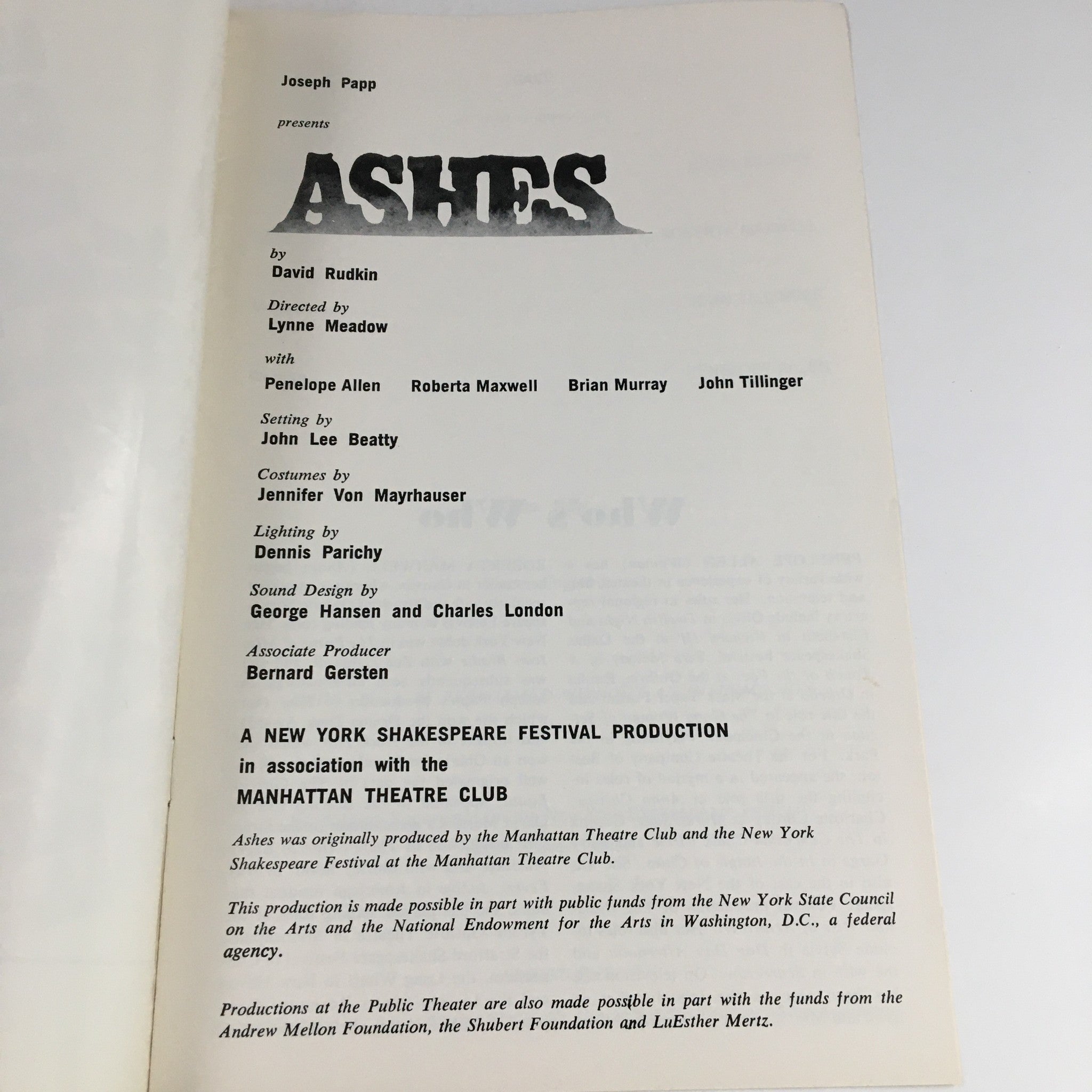 1977 Public Theater New York Shakespeare Festival Presents Joseph Papp's Ashes