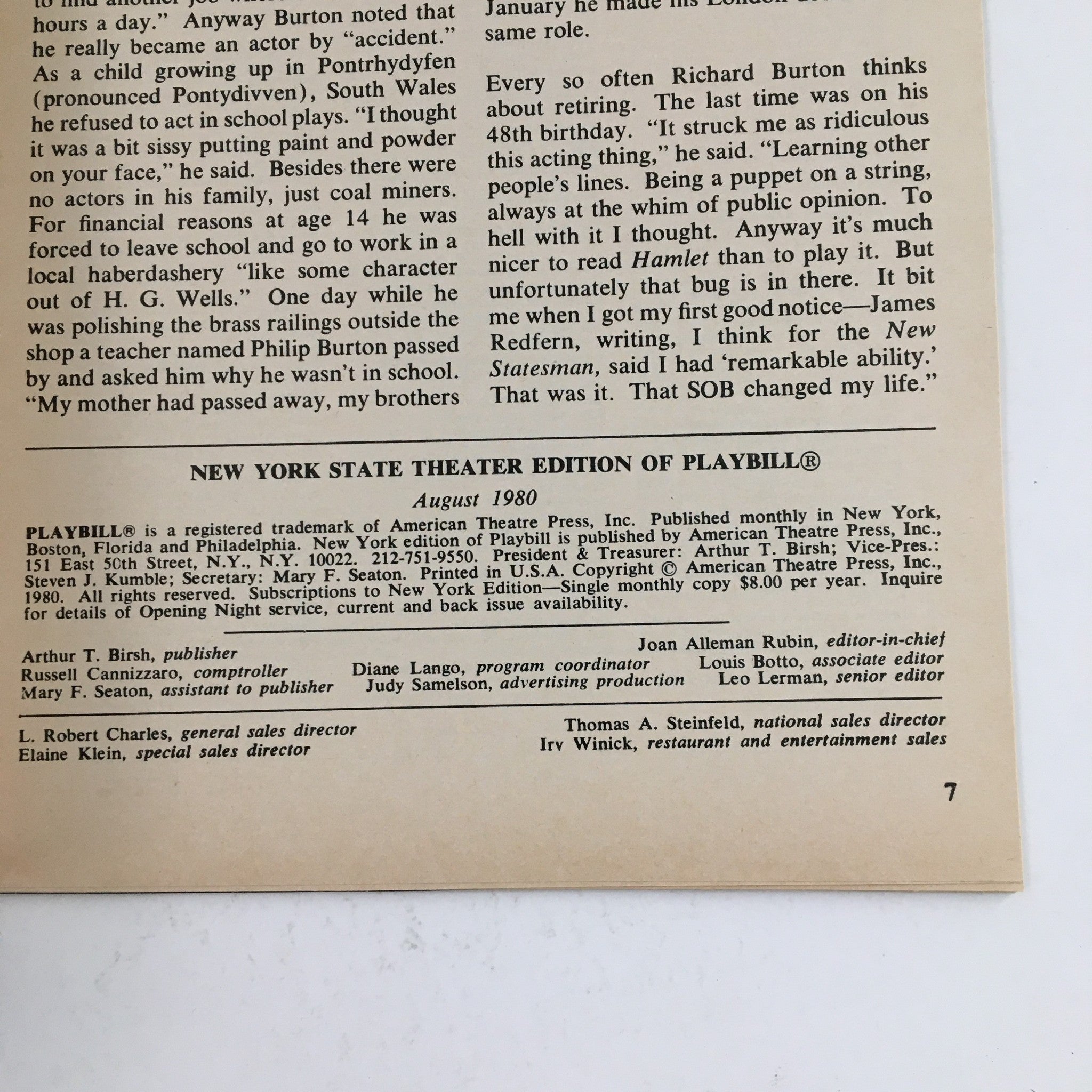 1980 Summer At The State Theater Present Richard Burton in Lerner's Camelot