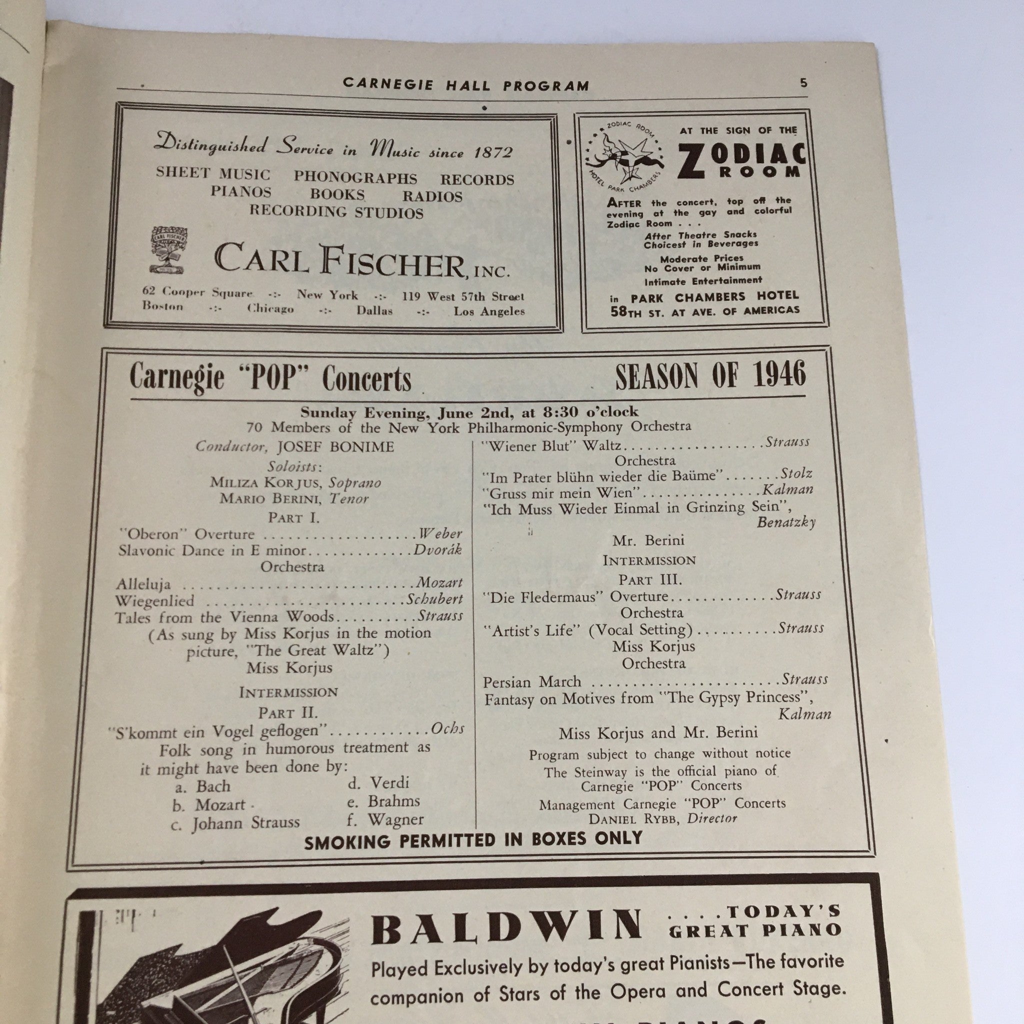 1946 Carnegie Pop Concerts Hall Program with Conductor Josef Bonime