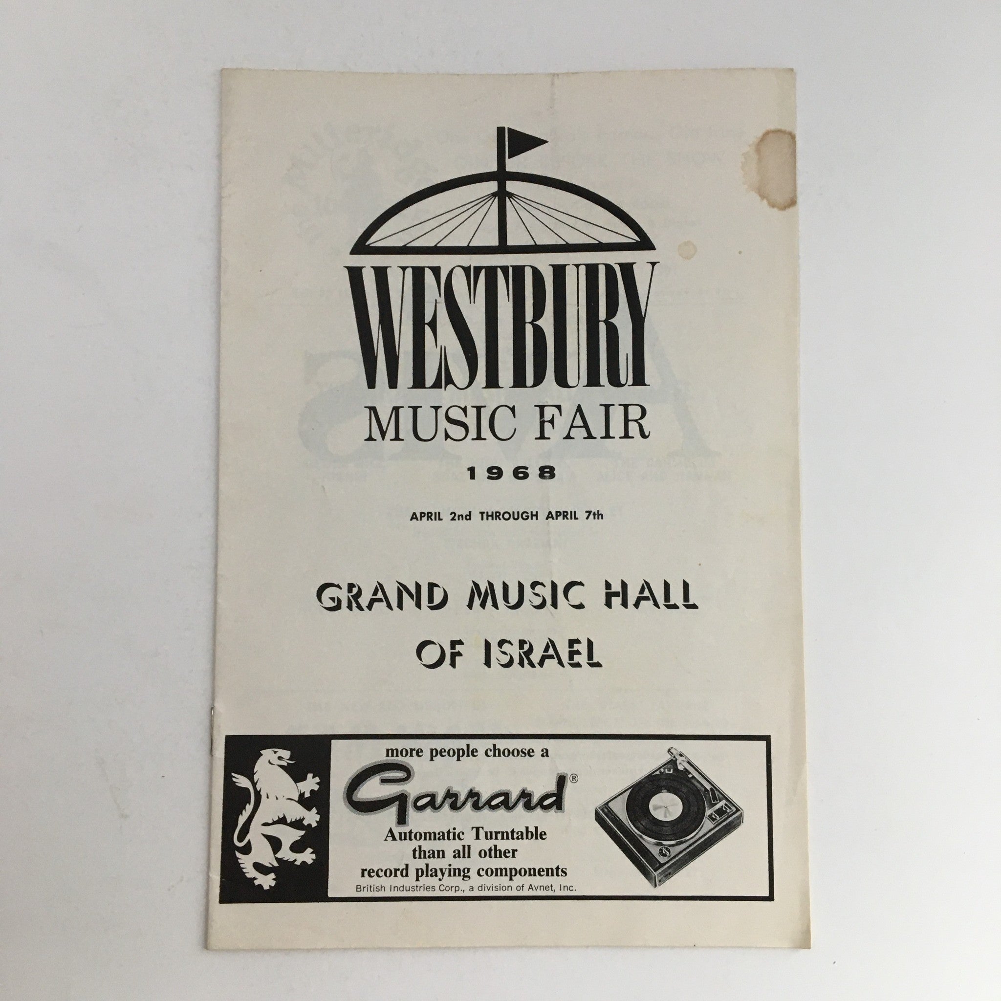 Cover of the 1968 Westbury Music Fair Grand Musical Hall of Israel by Jonathon Karmon featuring event details and promotional imagery.